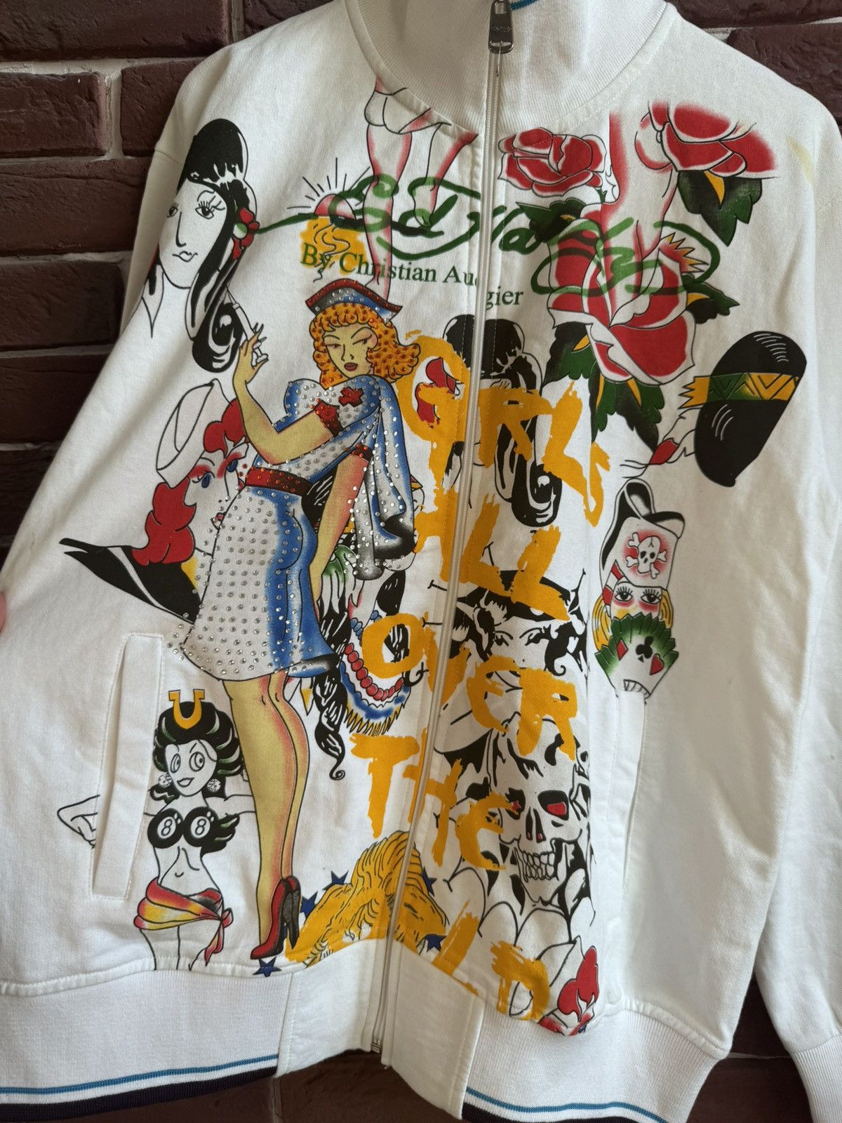 Christian Audigier Rare Ed Hardy Zip Sweatshirt Rhinestones Logo All Over Print Size US L / EU 52-54 / 3 - 3 Thumbnail