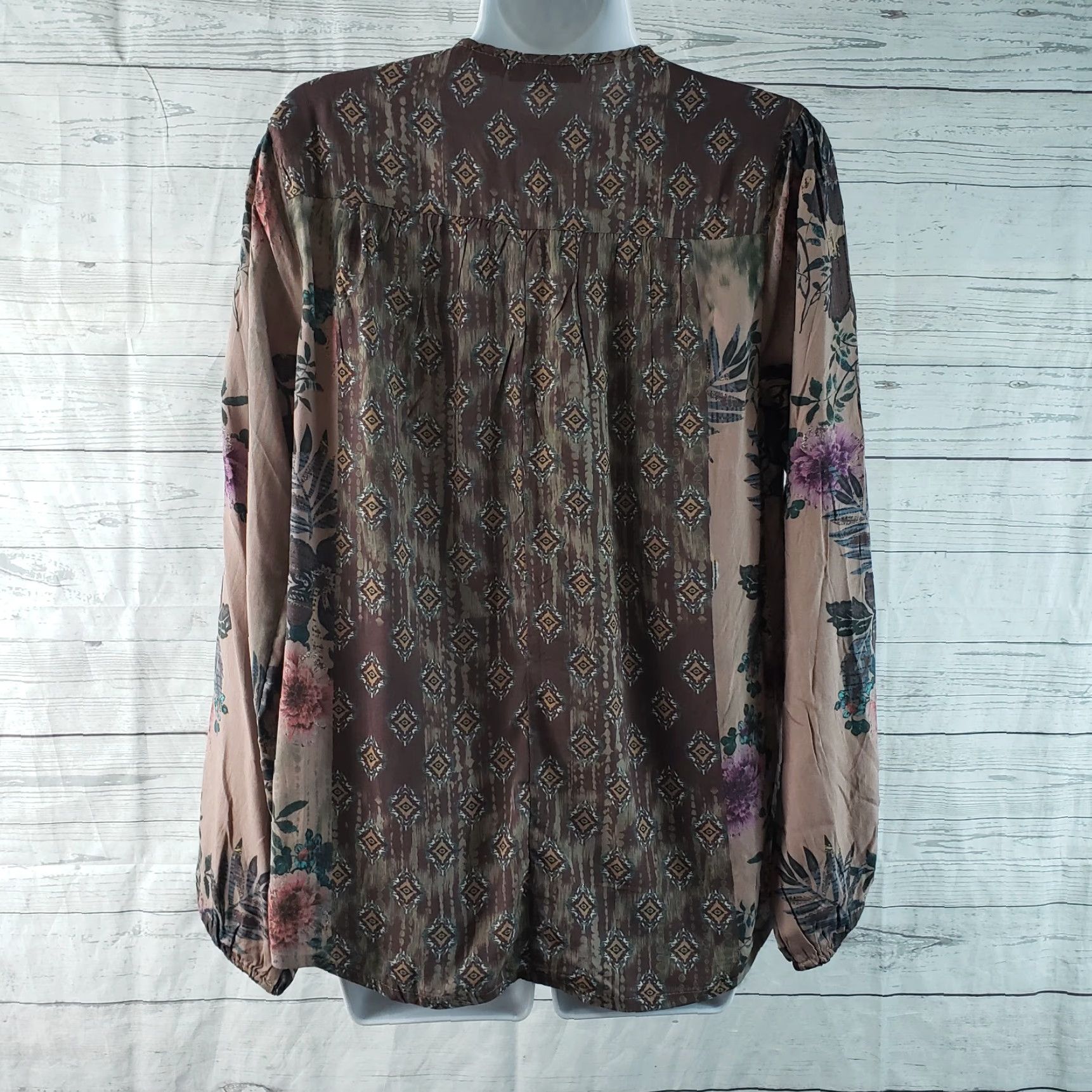 IOLANI Tolani Collection Womens Top Blouse Sz S Brown Blue Floral Long Sleeve V-Neck Tassels Size S / US 4 / IT 40 - 4 Thumbnail