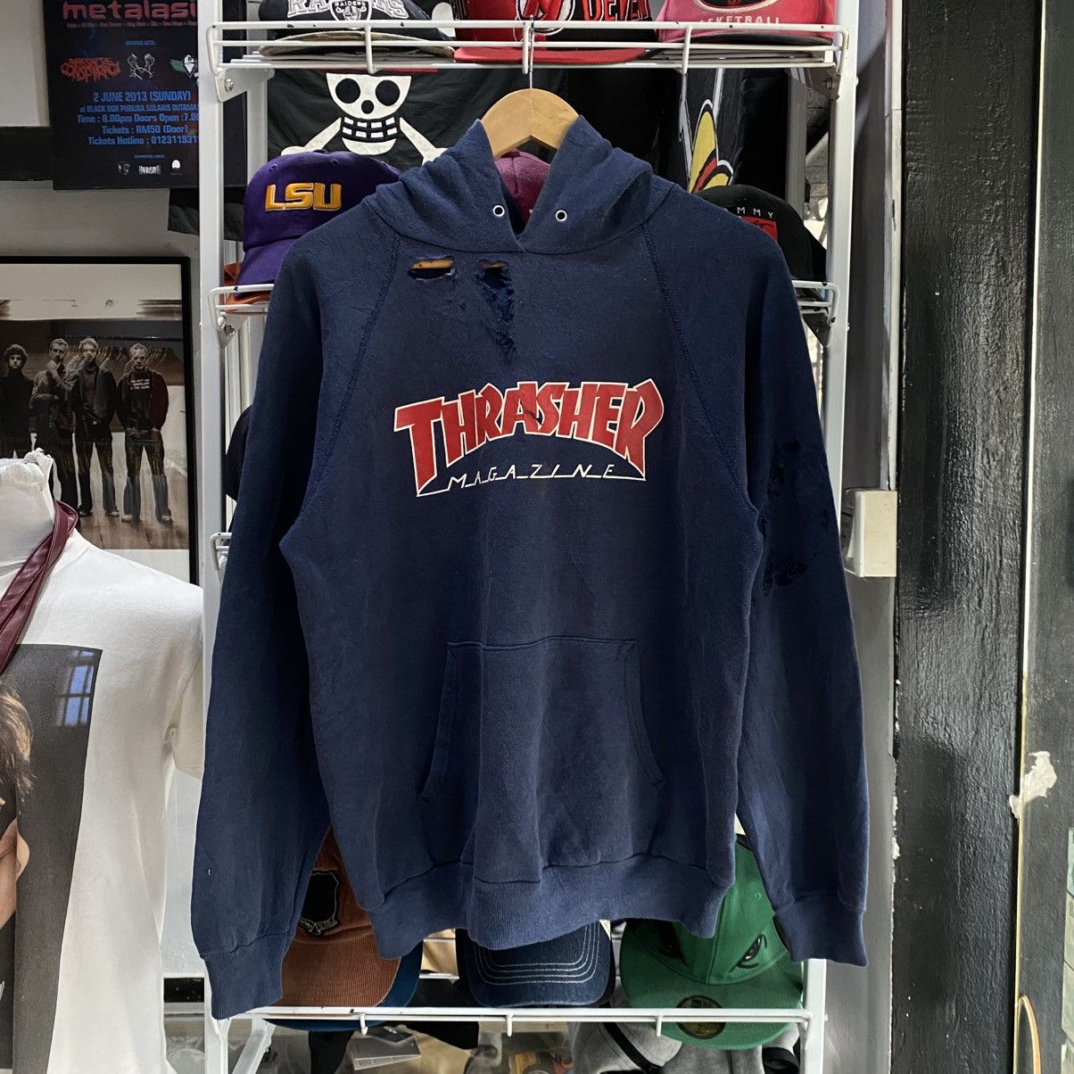 Thrasher Navy Blue Hoodie Vintage 80s Distressed