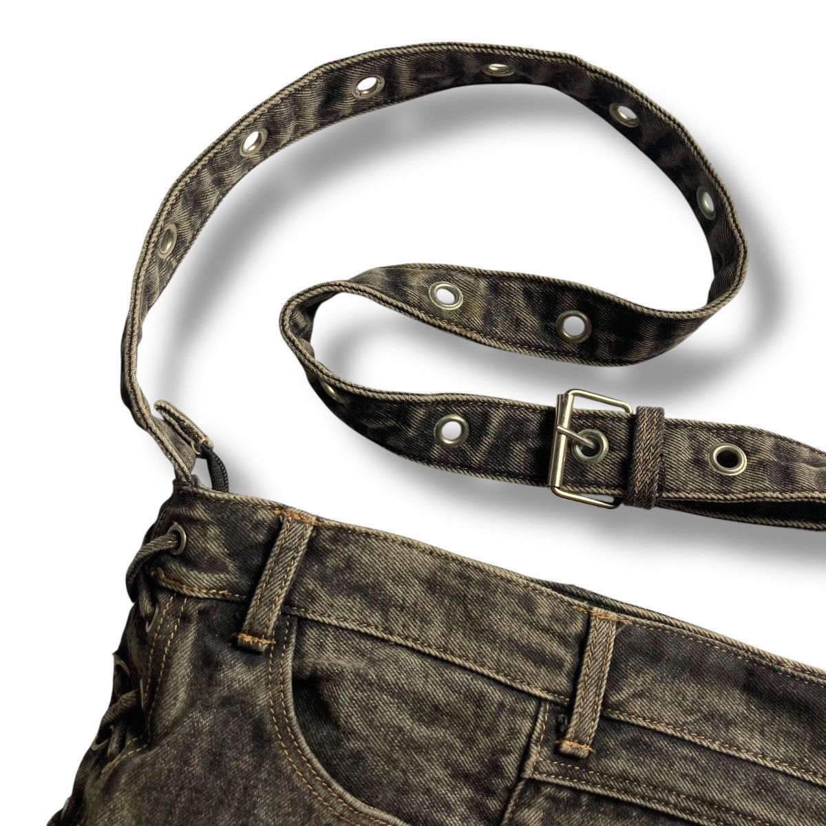 Le Grande Bleu (L.G.B.) Y2K HANDMADE 9 POCKETS LACE UP WASHED DENIM SLING BAG Size ONE SIZE - 6 Thumbnail