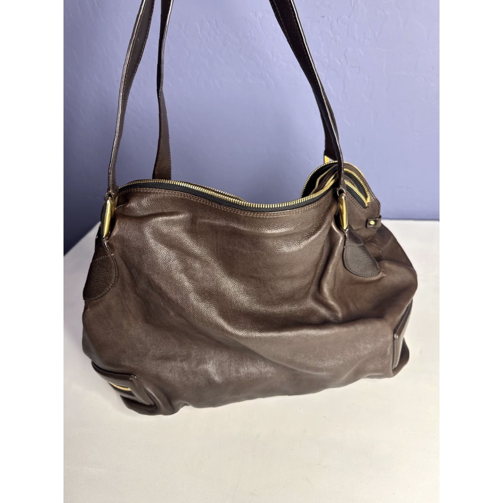 Vintage Chole Shoulder Bag Brown Leather Calfskin Cary Zipped Purse Gold Accents Women Medium? Size ONE SIZE - 4 Thumbnail