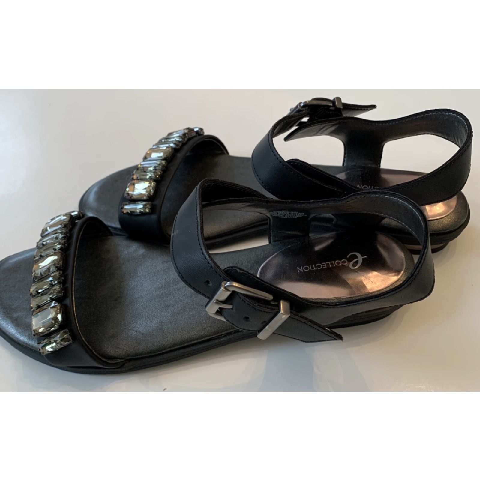 Vintage 9M E Collection Women's Sandals "ES Diamond" Black Faux Leather Bejeweled Flat Size US 9 / IT 39 - 5 Thumbnail