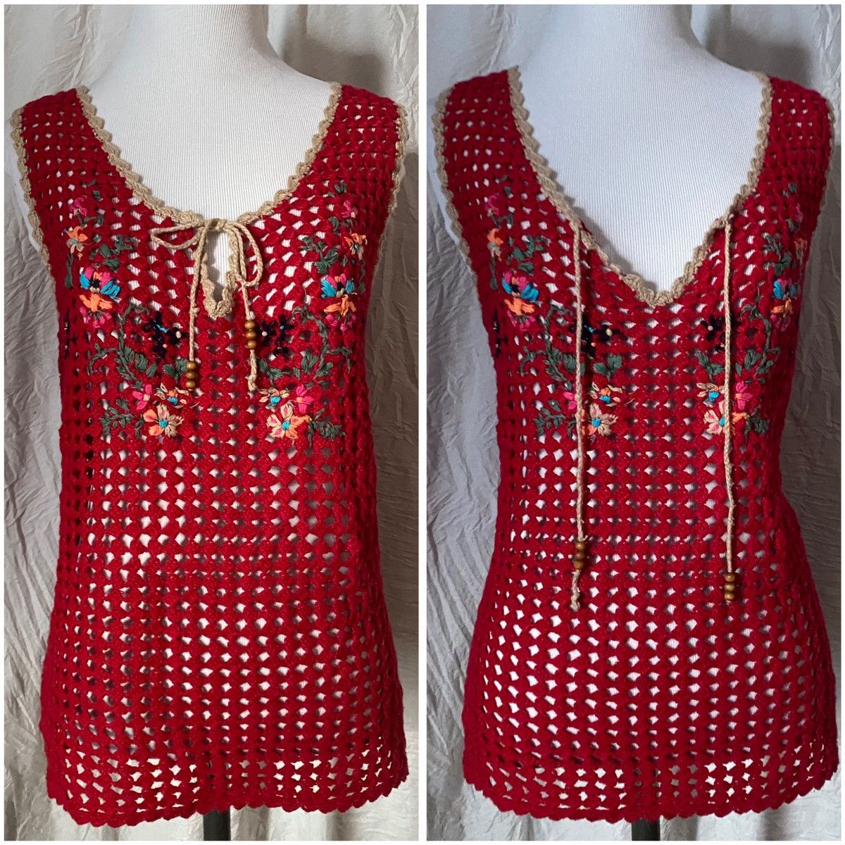 Handmade × Vintage VTG, Handmade, Open Knit, Embroidered Tank Top Size L / US 10 / IT 46 - 5 Thumbnail