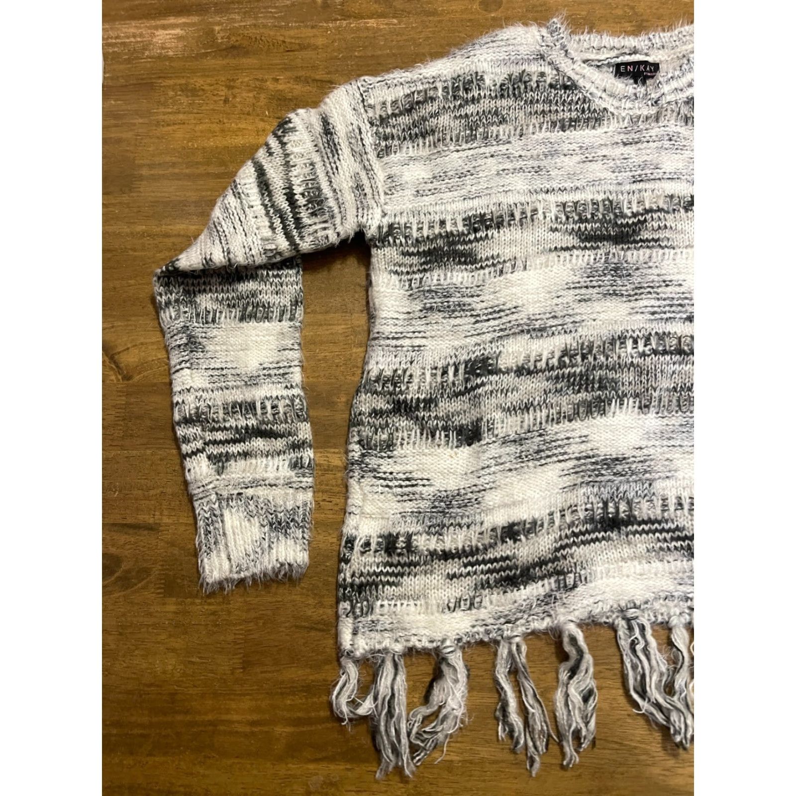 Vintage Navleen Sweater Women's Large Knit Gray White Fringed Hem Pullover NWT Size L / US 10 / IT 46 - 3 Thumbnail