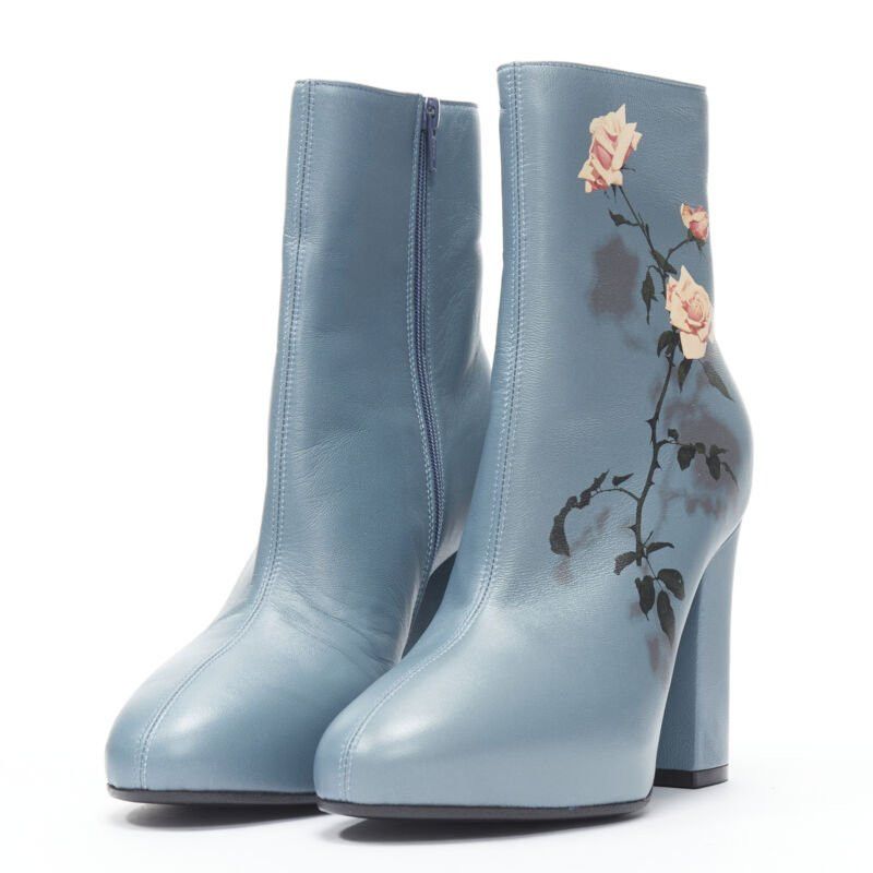 Dries Van Noten DRIES VAN NOTEN Runway slate blue rose print block heel ankle boot EU36 Size US 6 / IT 36 - 1 Thumbnail