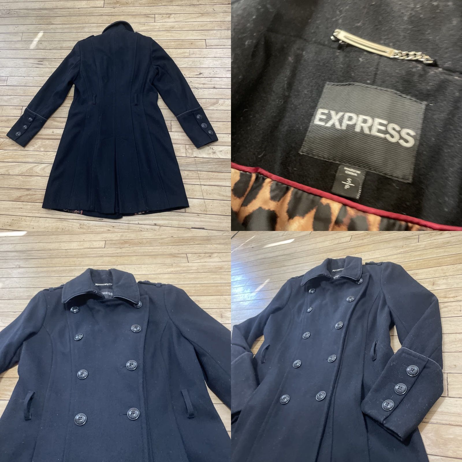 Express VINTAGE Express Wool Trench Peacoat Women S Black 10 Button Leopard Cheetah Lined Heavy Overcoat w/o Belt Coat Women Black xs? Size S / US 4 / IT 40 - 10 Thumbnail