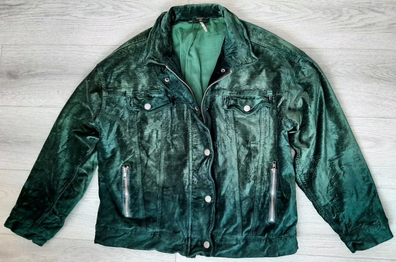 Free People Free People Jacket Green Velvet Trucker Full Zip Oversized Size XS / US 0-2 / IT 36-38 - 10 Thumbnail