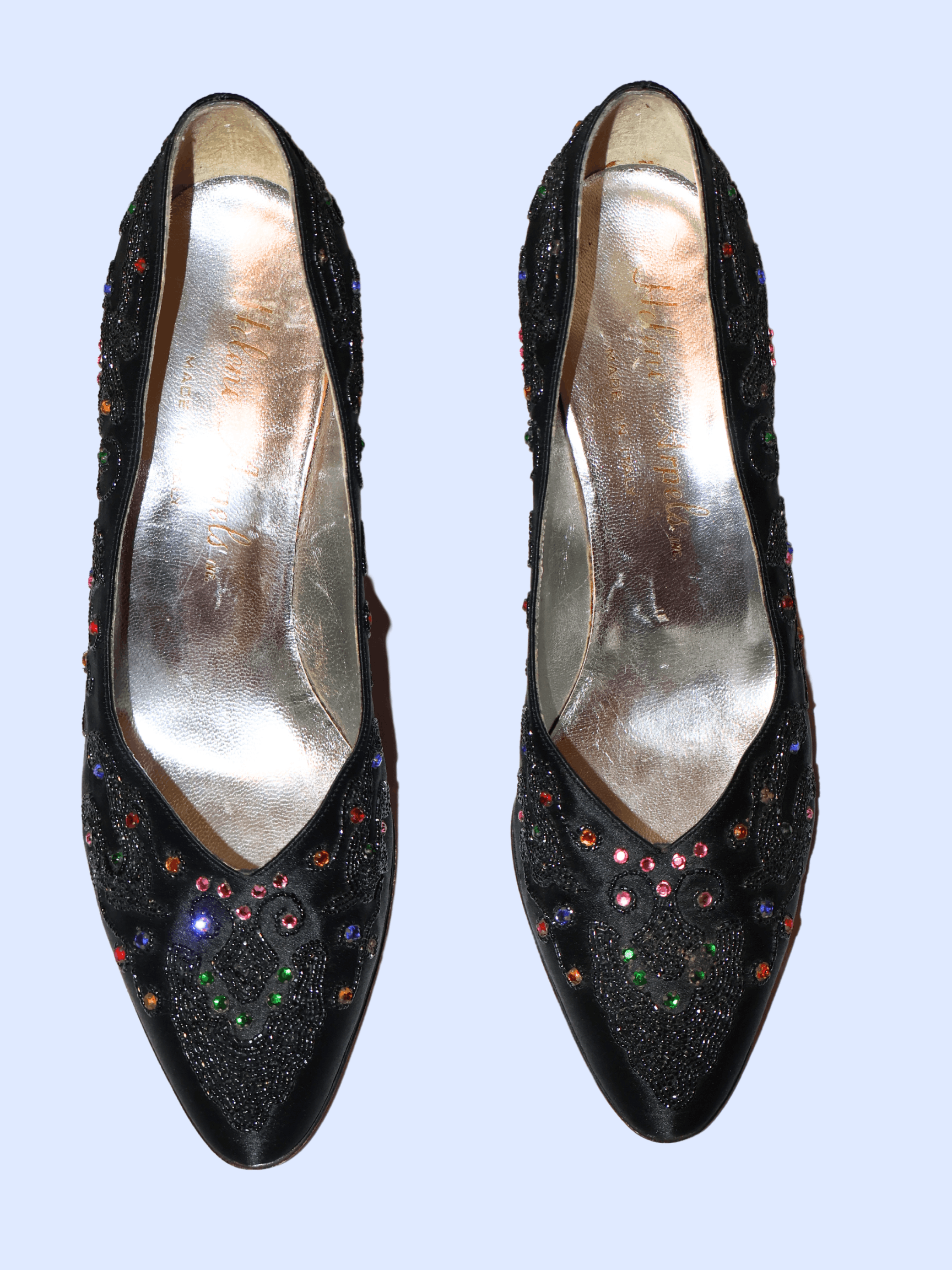 image of Vintage Helene Arpels Jeweled Heel Shoes in Black/Stones, Women's (Size 8.5)