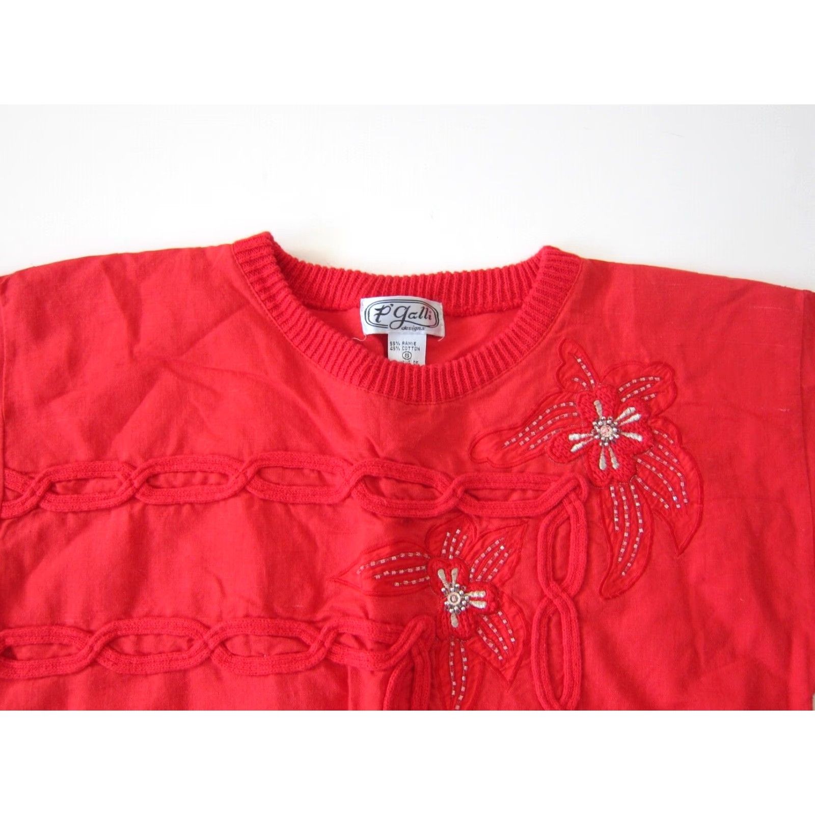 4SDESIGNS Vintage P' Galli Designs Blouse Short Sleeve Women S-M Red Cotton Beaded Embroidered Tunic Size S / US 4 / IT 40 - 6 Thumbnail