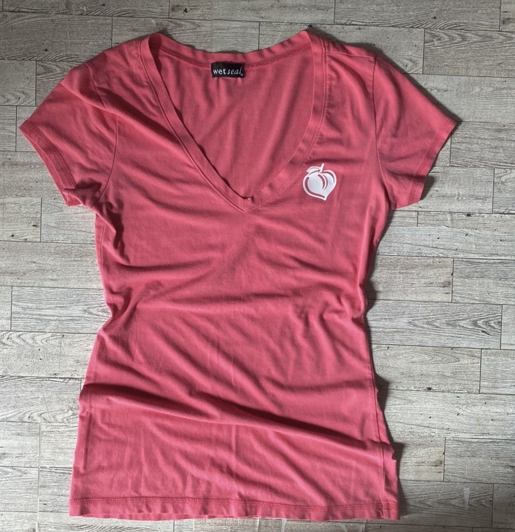 Vintage Retro, Wet Seal, Peach Coral V Neck, Semi Sheer Fitted Tee Size S / US 4 / IT 40 - 9 Thumbnail