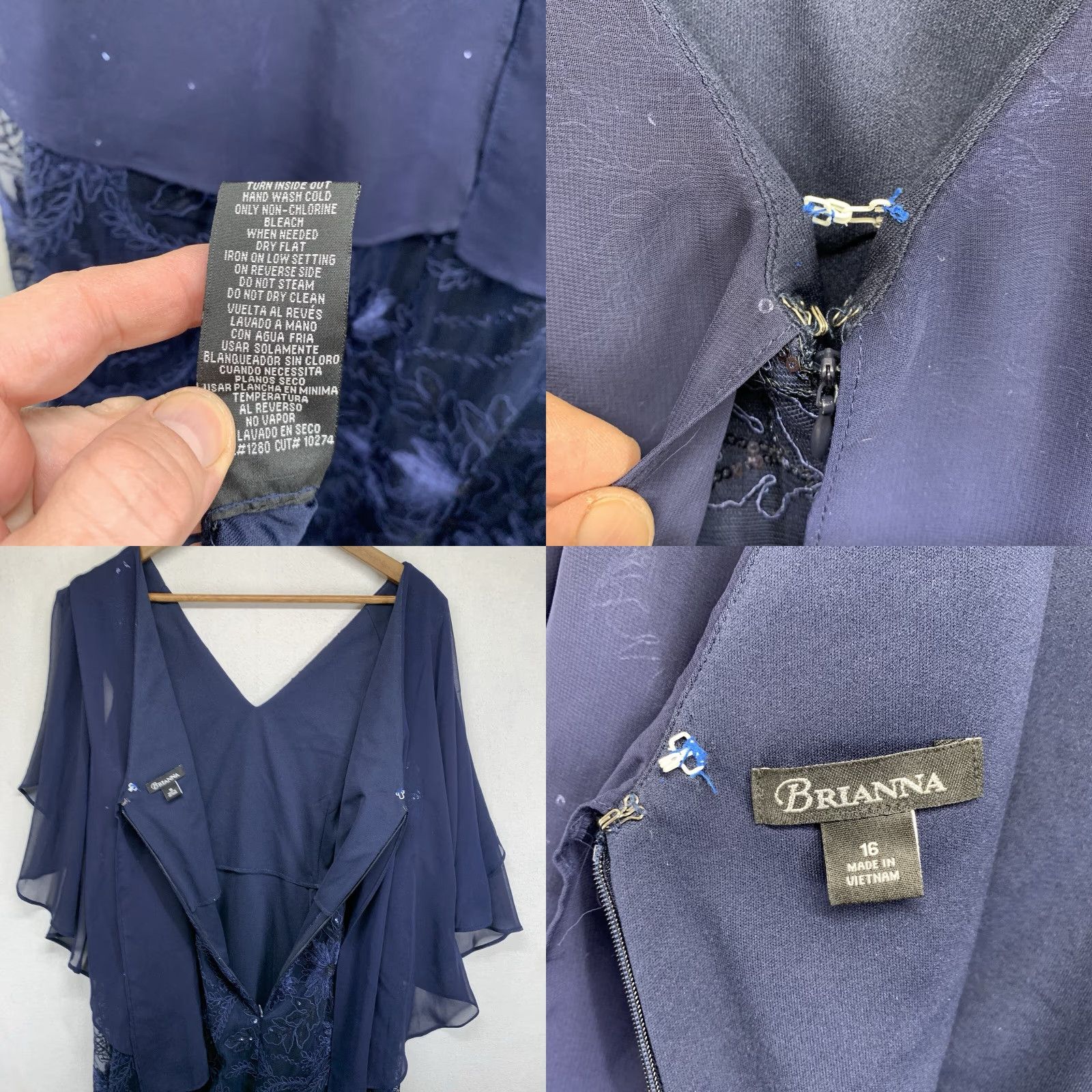 Vintage VINTAGE Brianna Women’s Dress 16 Long Formal Ball Gown Midnight Blue Floral Embroidered Rhinestone Lined Zipper Hand Wash Only Size XXL / US 16-18 / IT 52-54 - 10 Thumbnail