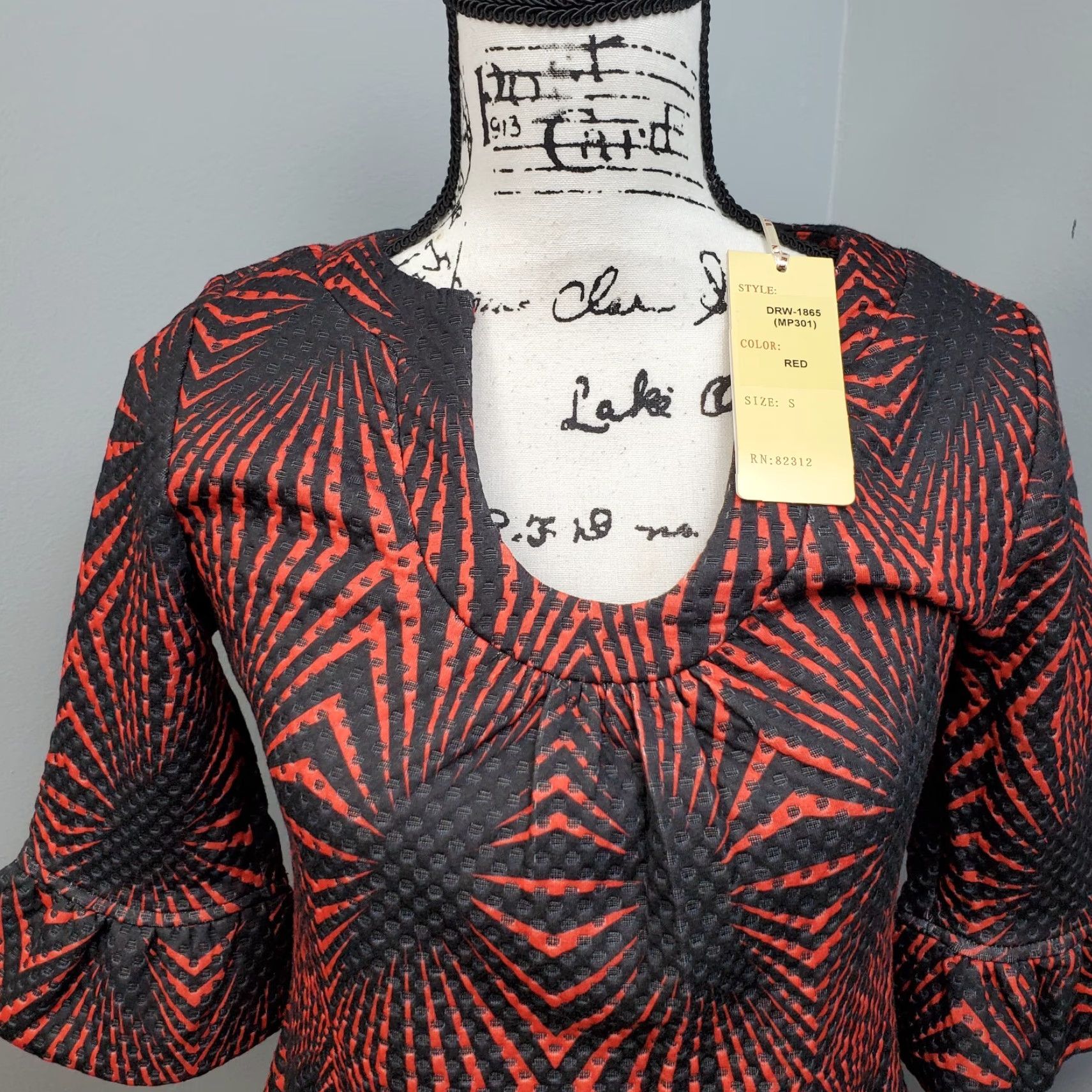 Anthropologie Aryeh Mini Dress Womens S Red Black Geometric Bell Sleeve Dress Size S / US 4 / IT 40 - 3 Thumbnail