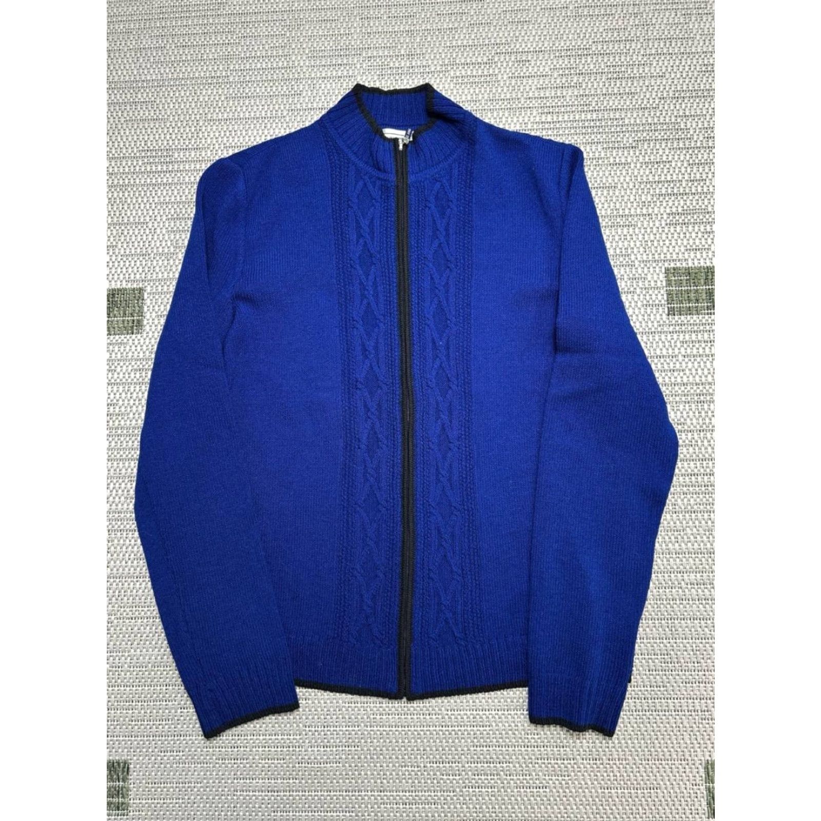Vintage St John Sweater Shirt Women Small Blue Wool Full Zip Mock Neck Tight Knit Ribbed Casual, Travel 90s Preppy City Classic Size S / US 4 / IT 40 - 2 Thumbnail
