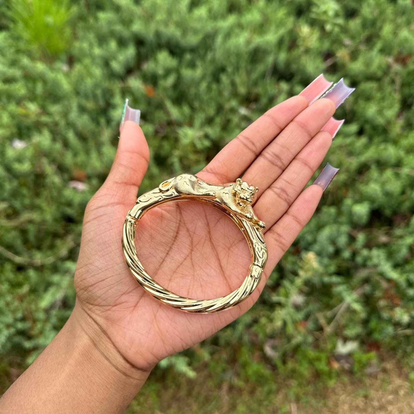 Handmade Vintage African gold tiger engraved bangle cuff Size ONE SIZE - 4 Thumbnail