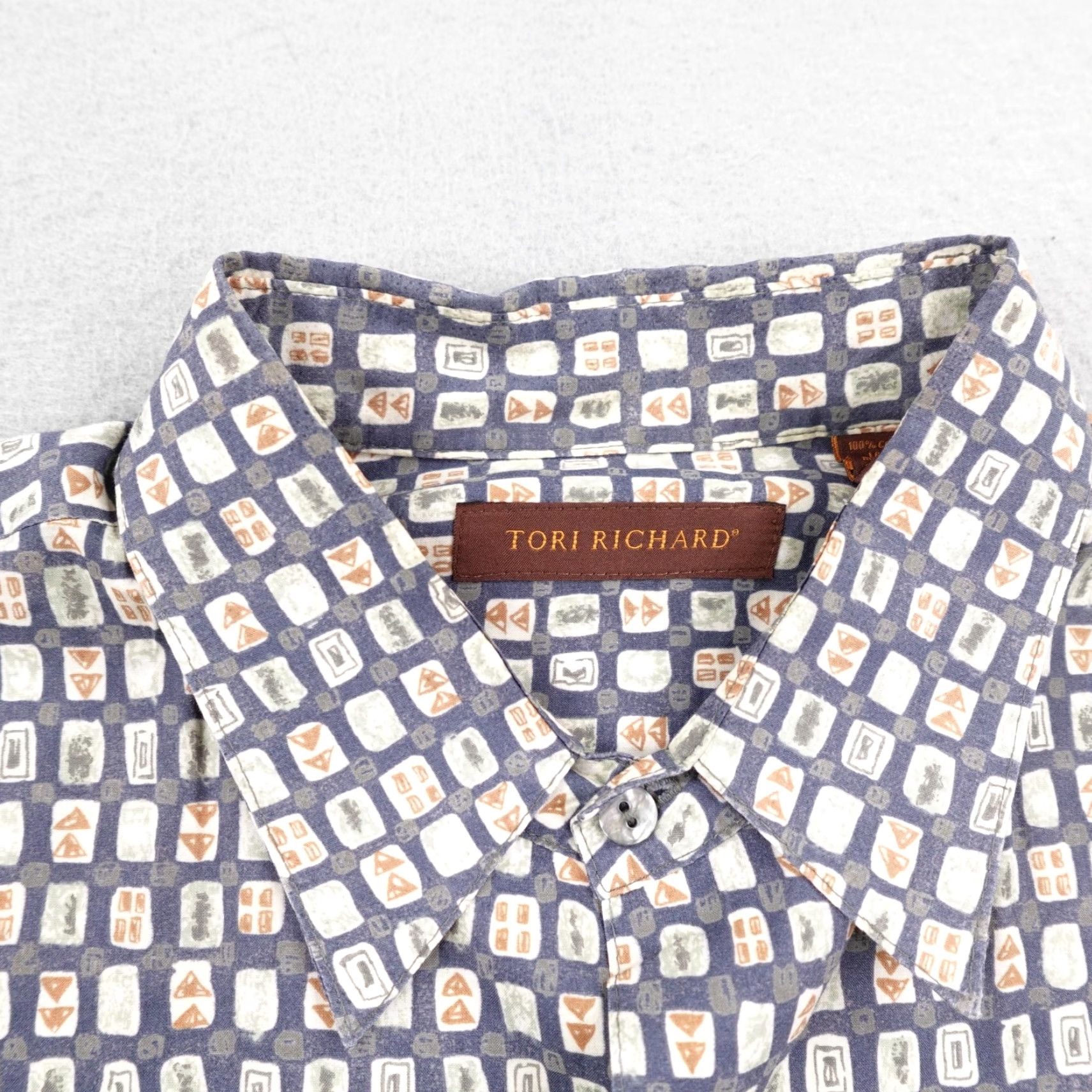 Tori Richard Tori Richard Shirt Mens Large Button-Up Geometric Hawaiian Aloha Beach Camp Short Sleeve Blue Beige Size US L / EU 52-54 / 3 - 2 Thumbnail