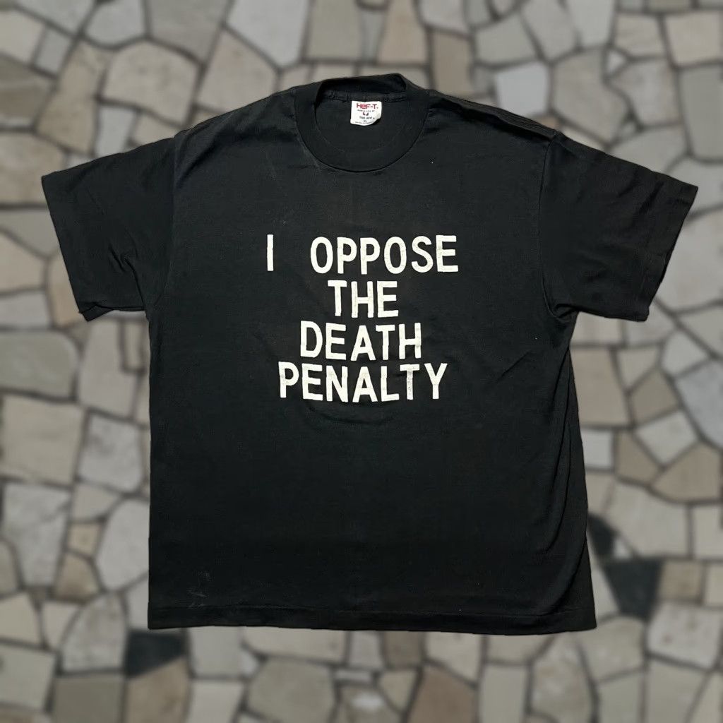 VINTAGE I Oppose The Death Penalty Tee Jays Hef-T T-Shirt USA XL Black Crew Neck Short Sleeve Cotton Blend Knit Regular Men 90s Graphic Print