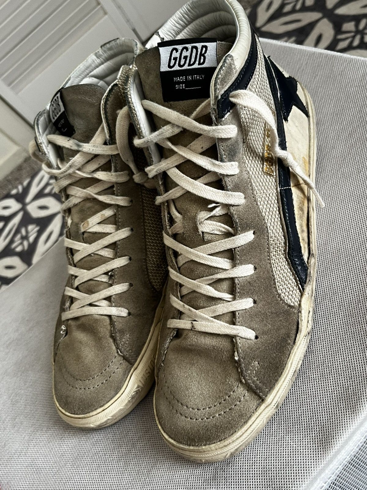 Golden Goose Slide in beige mesh and nylon with blue leather star/flash Size US 10.5 / EU 43-44 - 1 Thumbnail