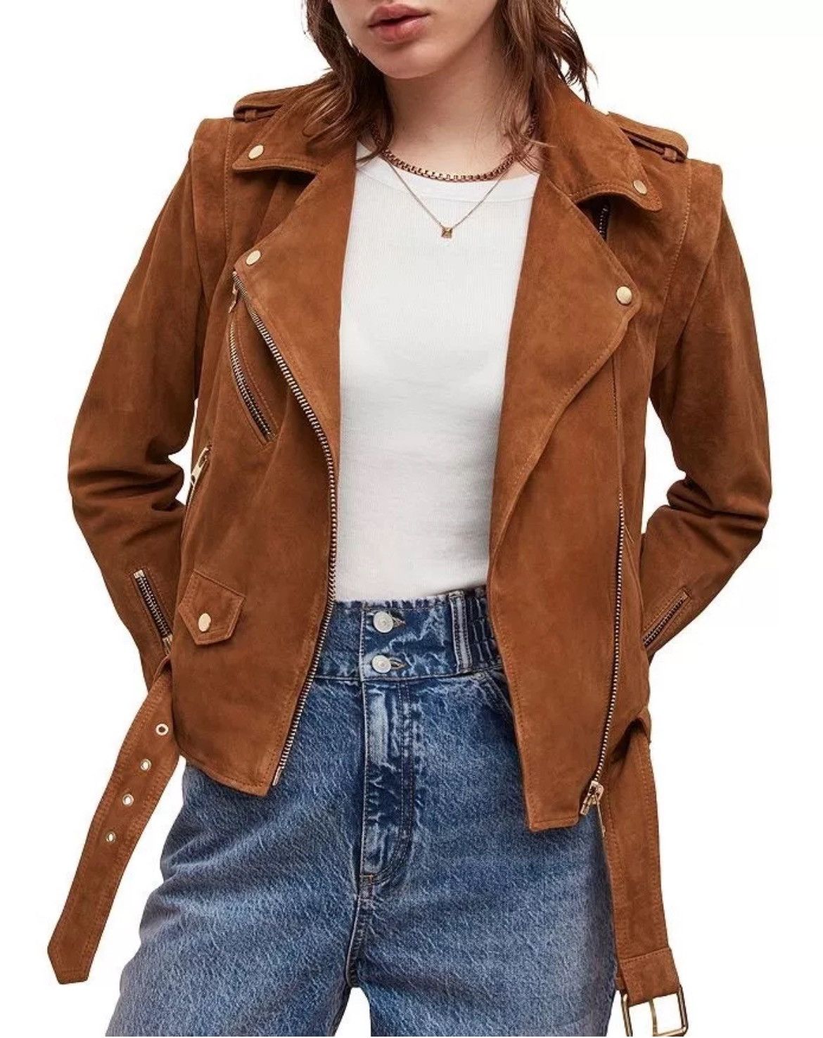 Allsaints ALL SAINTS Morgan Suede Biker Jacket in camel Size S / US 4 / IT 40 - 17 Thumbnail