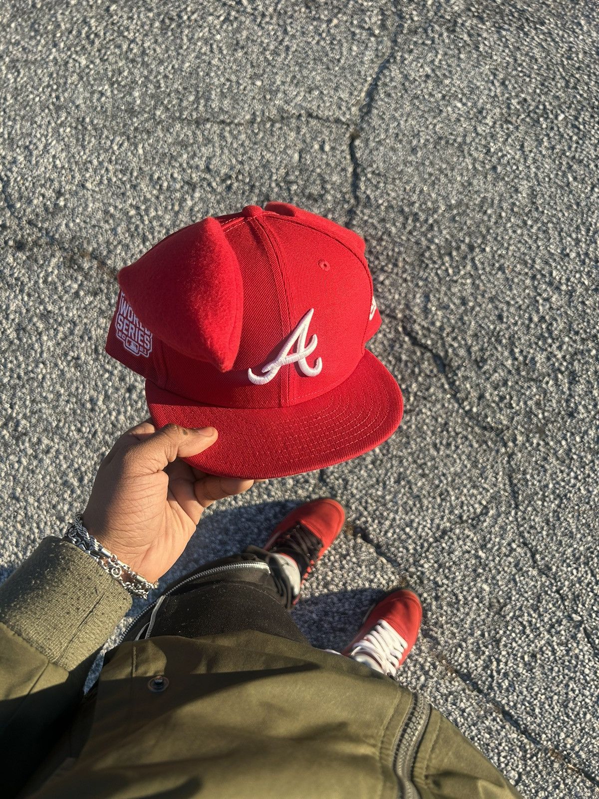 Red New Era Atlanta Braves fitted hat with Bunny Ears