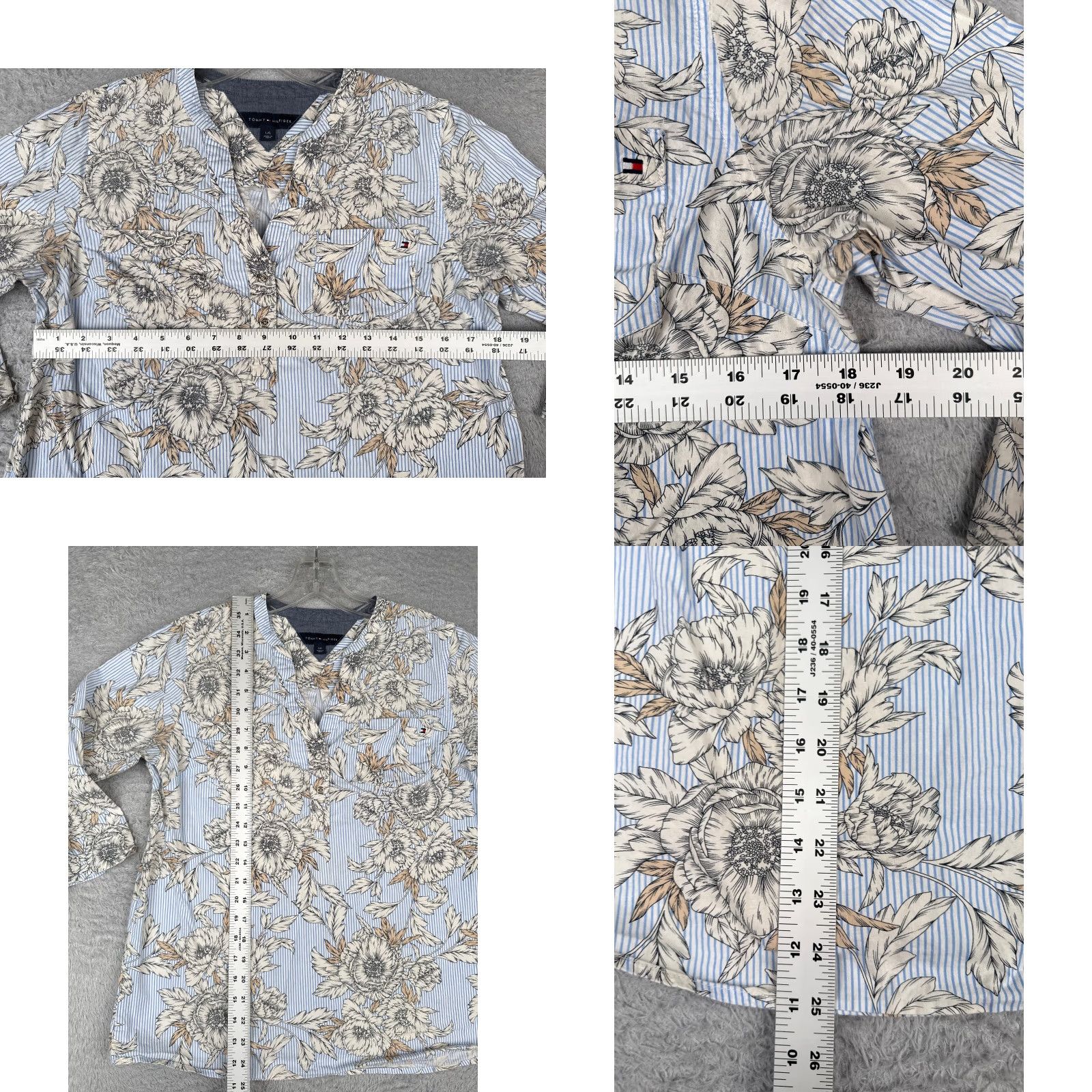 Tommy Hilfiger Tommy Hilfiger Shirt Women L Blue Beige Floral Stripe 3/4 Bell Sleeve Cotton Knit Logo Button Casual All Seasons Size L / US 10 / IT 46 - 8 Thumbnail
