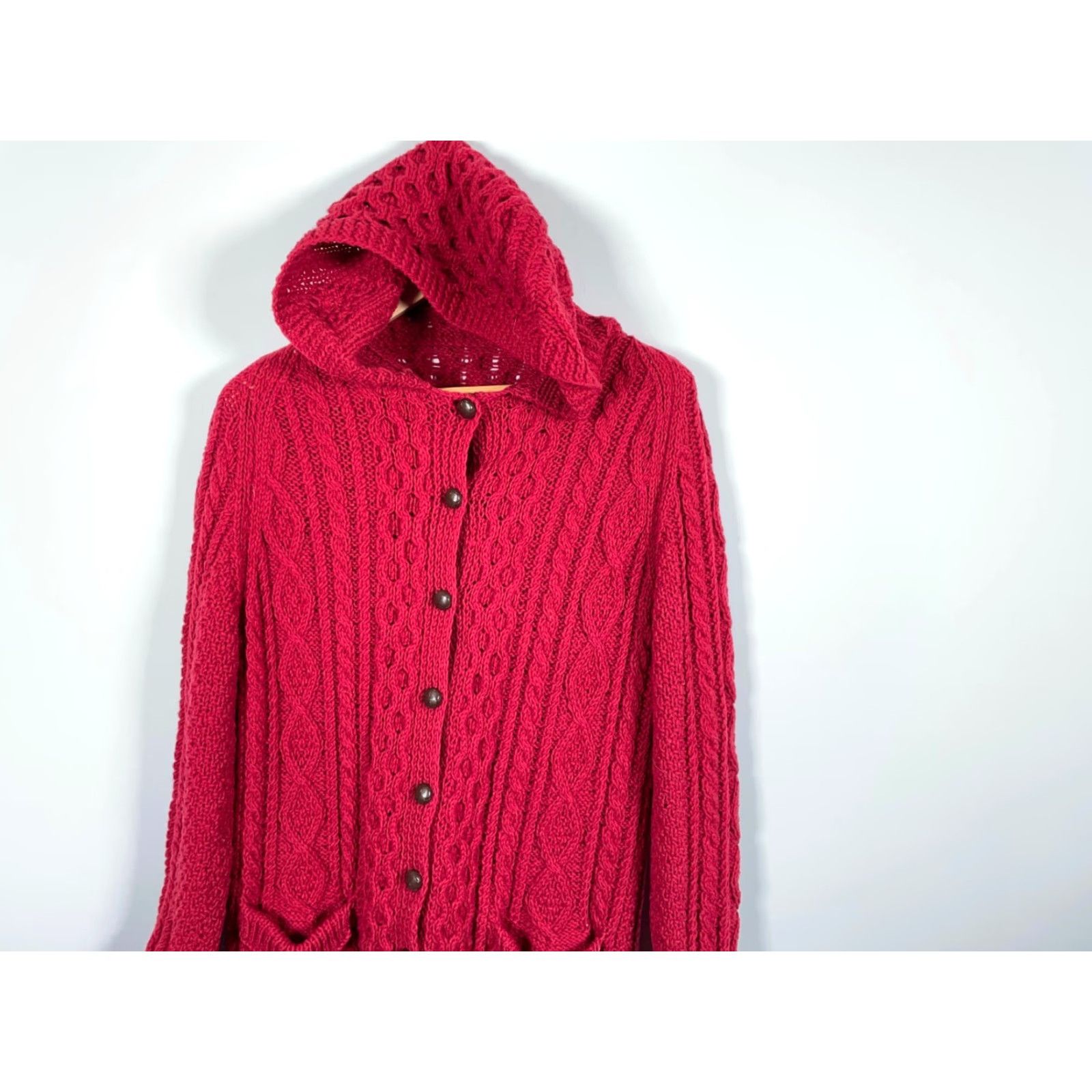 Vintage VINTAGE Unbranded Red Wool Cable Knit Hooded Sweater Women Medium Heavyweight Cardigan Crew Neck Long Sleeve Fall Winter Mens? Size M / US 6-8 / IT 42-44 - 3 Thumbnail