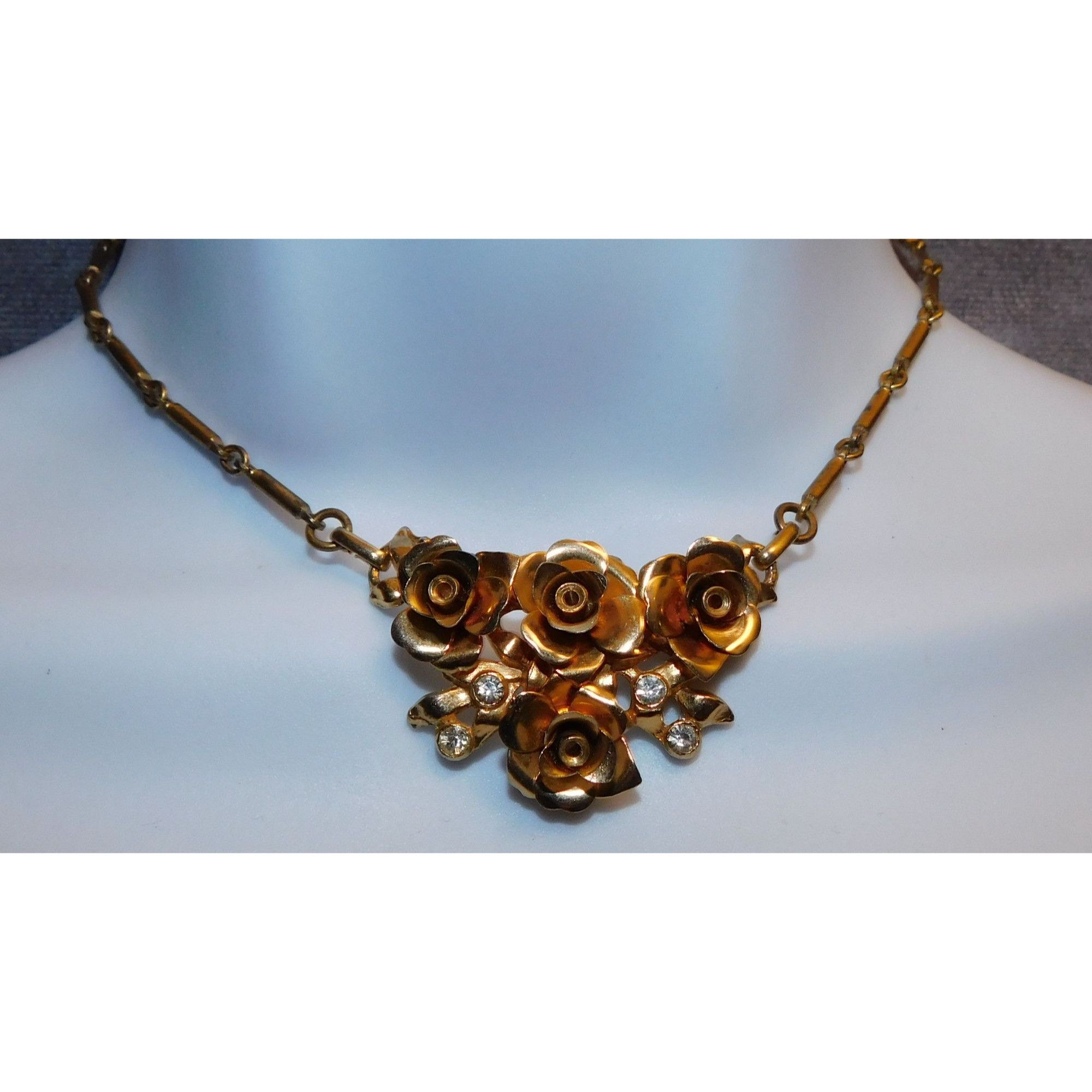 Other Vintage Romantic Gold Rose Rhinestone Necklace Size ONE SIZE - 2 Thumbnail