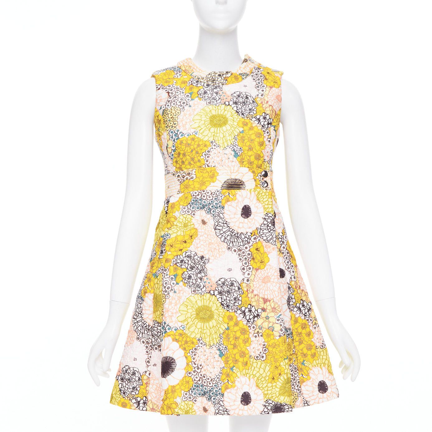 GIAMBA GIAMBATTISTA VALLI yellow white quilted floral cocktail dress IT40 XS