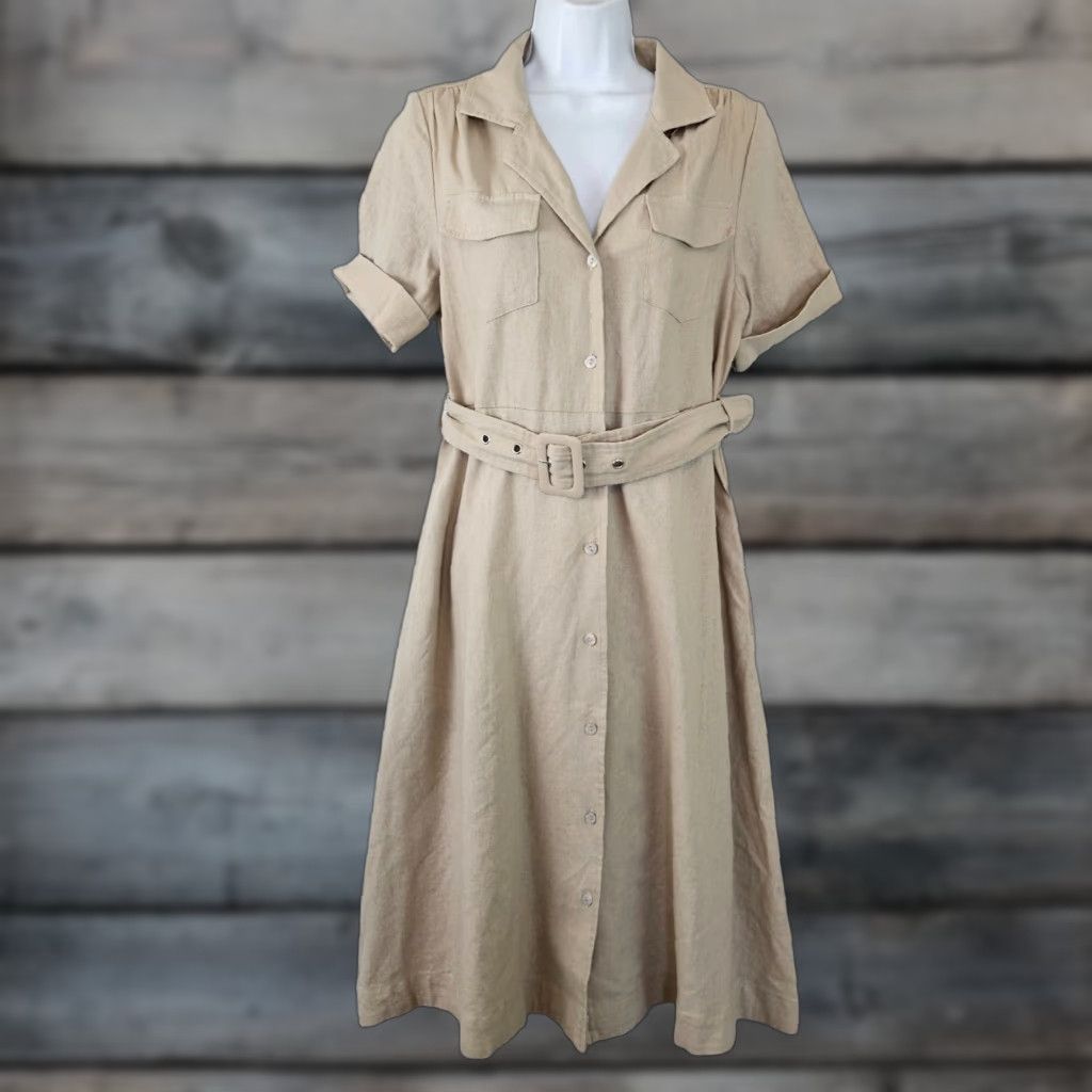 Vintage Tahari Shirt Dress Womens Sz S Tan Linen Blend Button Front Belted Midi Size S / US 4 / IT 40 - 1 Thumbnail