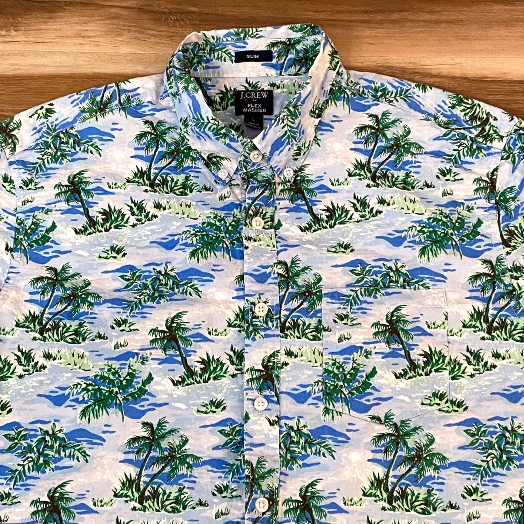 J.Crew J.Crew Shirt Mens Large Slim Flex Washed Tropical Palm Tree Short Sleeve Blue Button-Up Collared Slim Fit Casual Summer Vacation Mens Size US L / EU 52-54 / 3 - 2 Thumbnail
