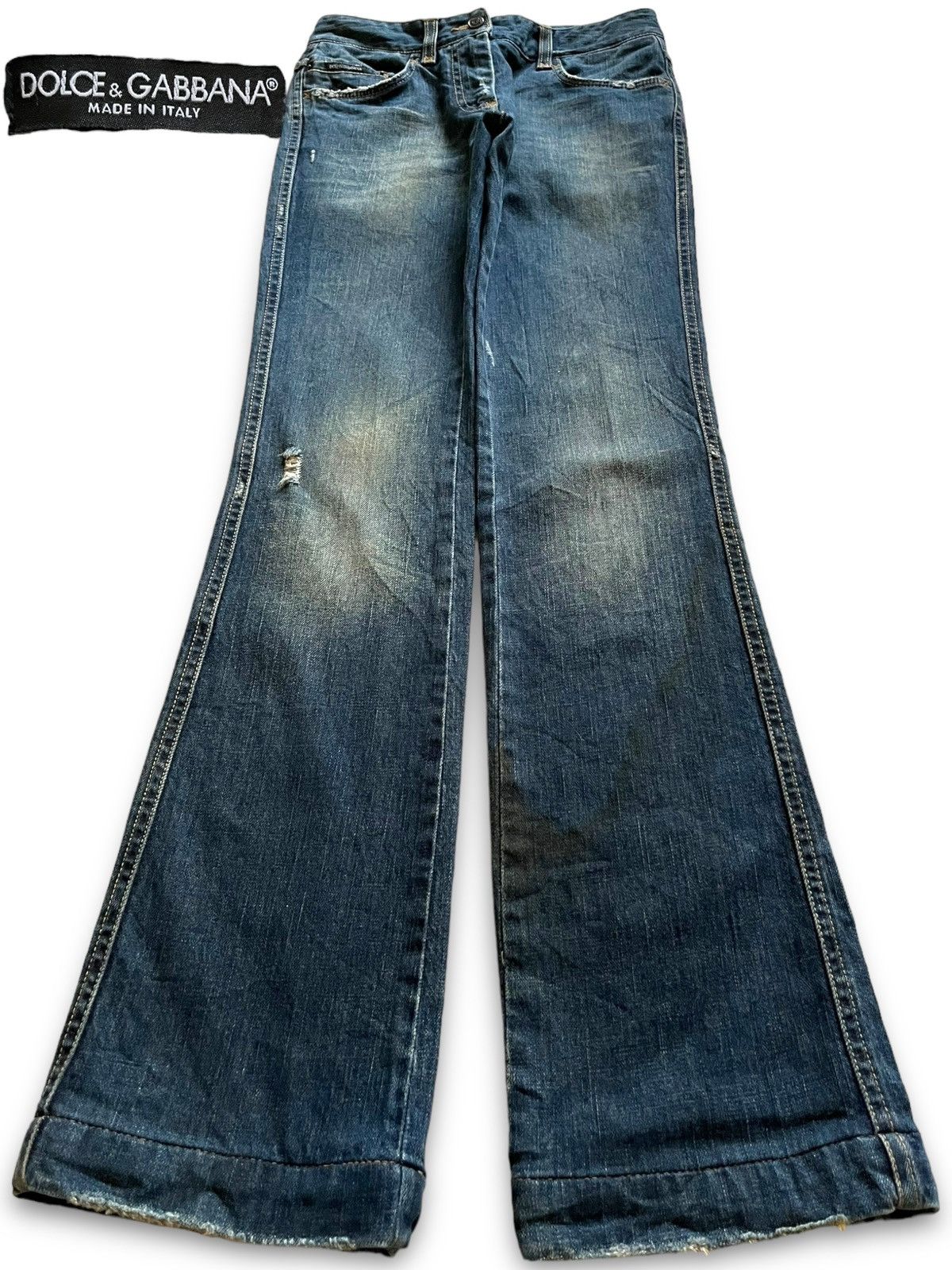 image of Distressed Denim x Dolce Gabbana Vintage Dolce & Gabbana Mud Wash Embroidered Flare Jeans in Blue, 