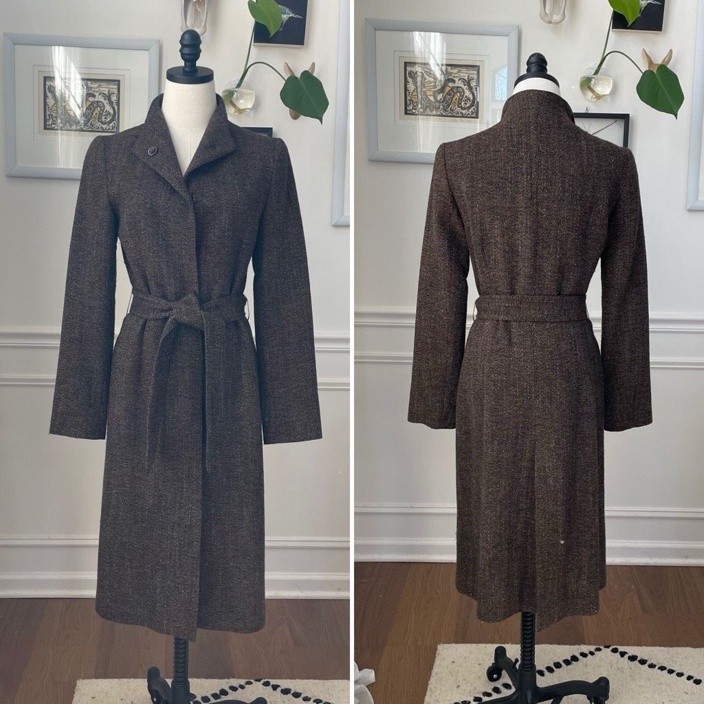 image of Zara Woman Brown Tweed Wool Blend Belted Coat S M, Women's (Size Medium)
