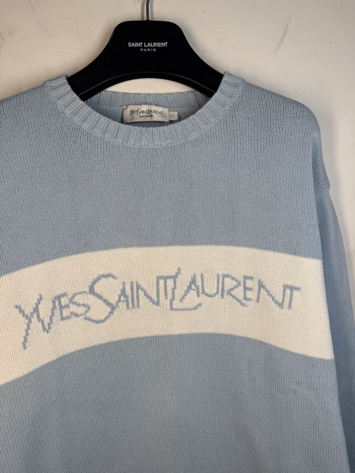 Yves Saint Laurent Blue YSL Sweater Knit Big Logo Vintage Paris Sweatshirt Rare Size US L / EU 52-54 / 3 - 1 Thumbnail