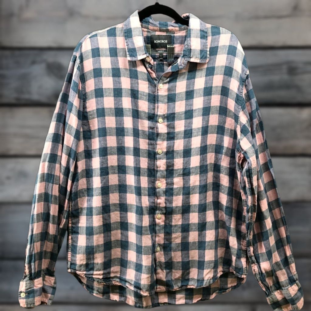 Bonobos Bonobos 100% Linen Button-Up Shirt Mens L Pink Blue Check Long Sleeve Casual Fit Size L / US 10 / IT 46 - 1 Thumbnail