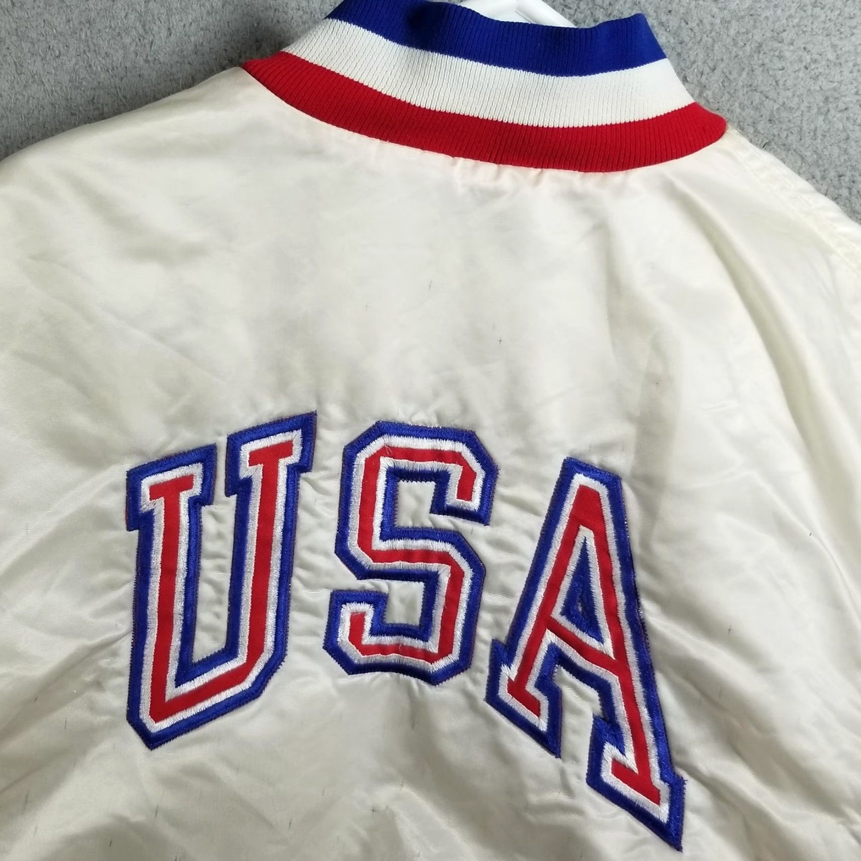 Vintage VINTAGE OLYMPICS USA Baseball Satin Varsity Jacket M Medium White Swingster Quilted Embroidered Pockets USA 1984 Mens Java? Size US M / EU 48-50 / 2 - 6 Thumbnail