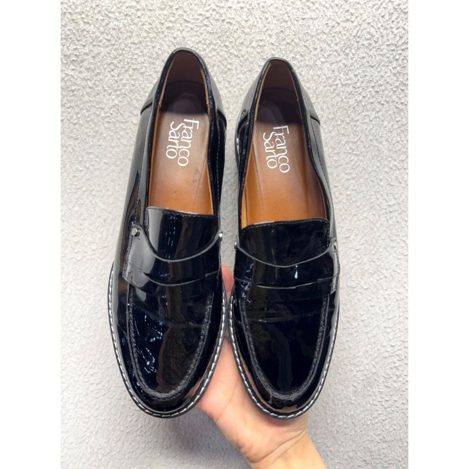 Franco Sarto Franco Sarto Black Patent Platform Loafers With Lug Sole Womens 12 Slip On Rubber Outsole Leather Insole Flat Casual Vintage No 9618 Size US 12 / IT 42 - 3 Thumbnail