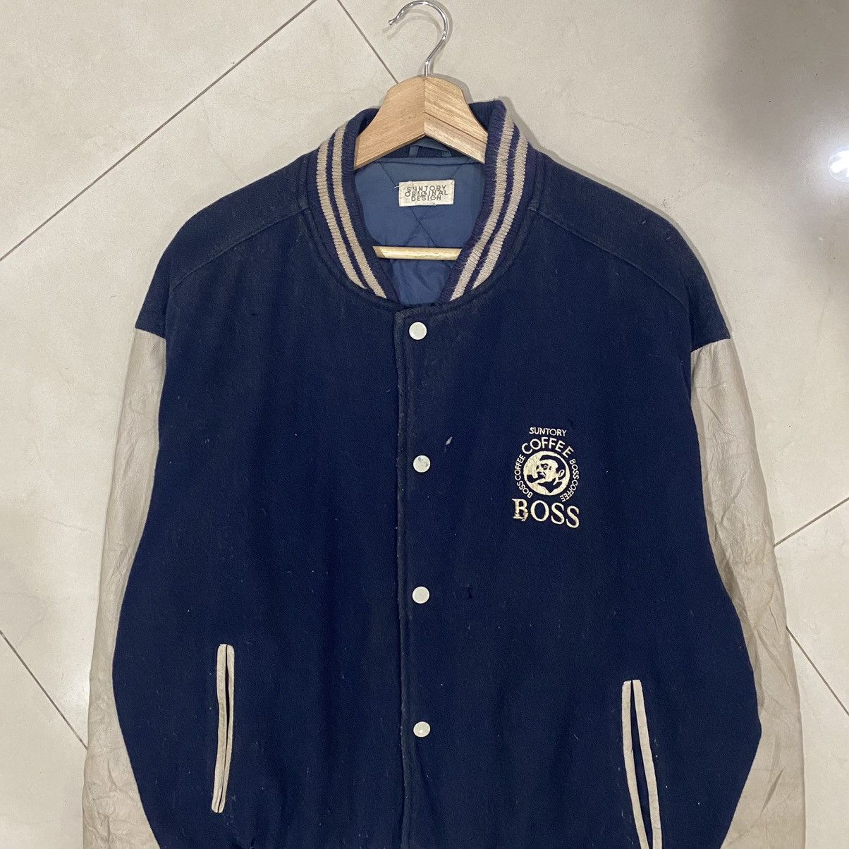 Vintage 🔥VINTAGES SUNTORY BOSS COFFEE WOOL LEATHER VARSITY JACKET Size US L / EU 52-54 / 3 - 9 Thumbnail