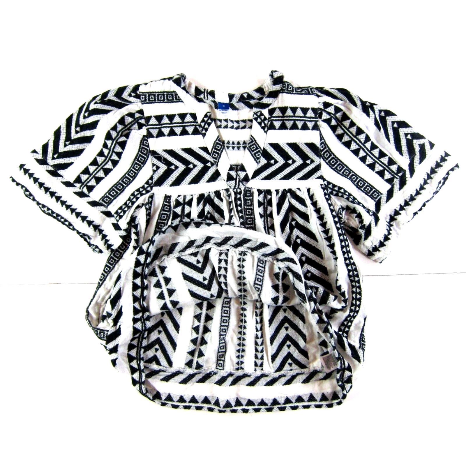 Old Navy Old Navy Geometric Small 100% Cotton Black White Peasant Smock Blouse Medium Size M / US 6-8 / IT 42-44 - 5 Thumbnail
