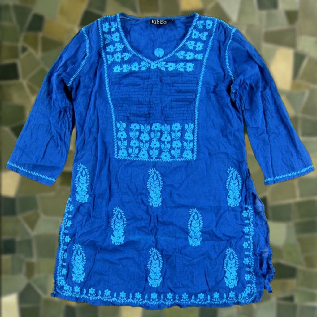Vintage KikiSol 100% Cotton Blue Embroidered 3/4 Sleeve V-Neck Tunic Peasant Blouse S - Womens Shirt Size S / US 4 / IT 40 - 1 Thumbnail
