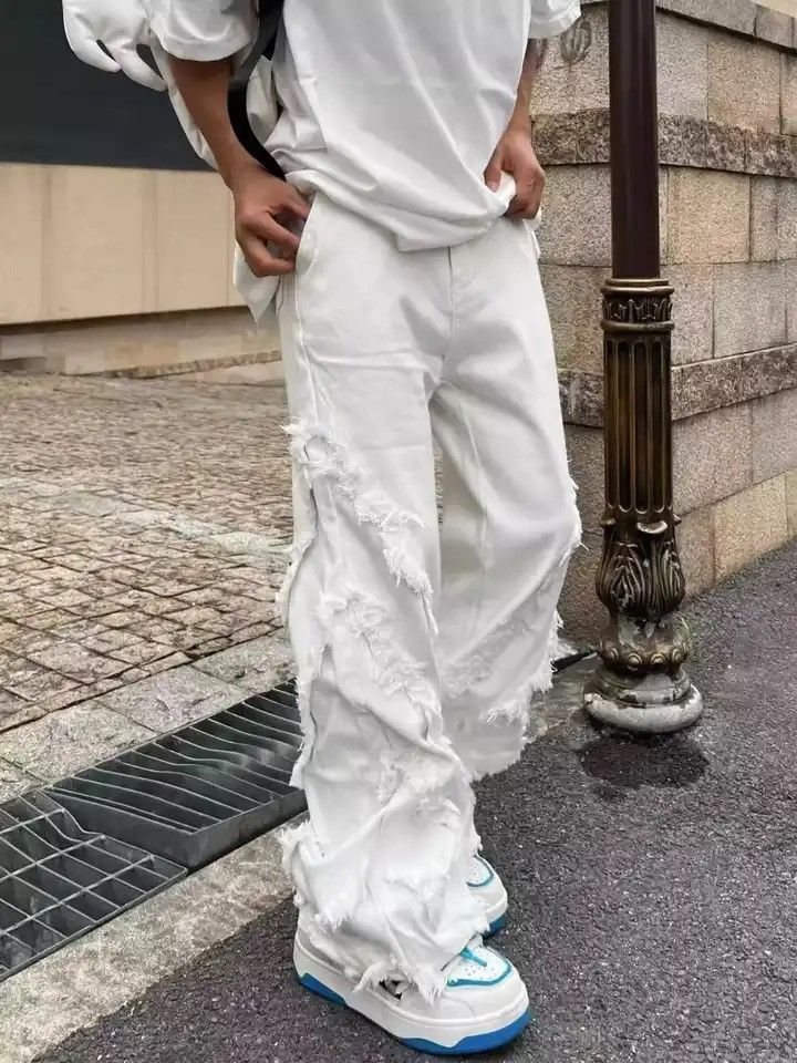 image of Distressed Denim Pants With Raw Edges Loose Trousers American Retro Style in White, Men's (Size 29)