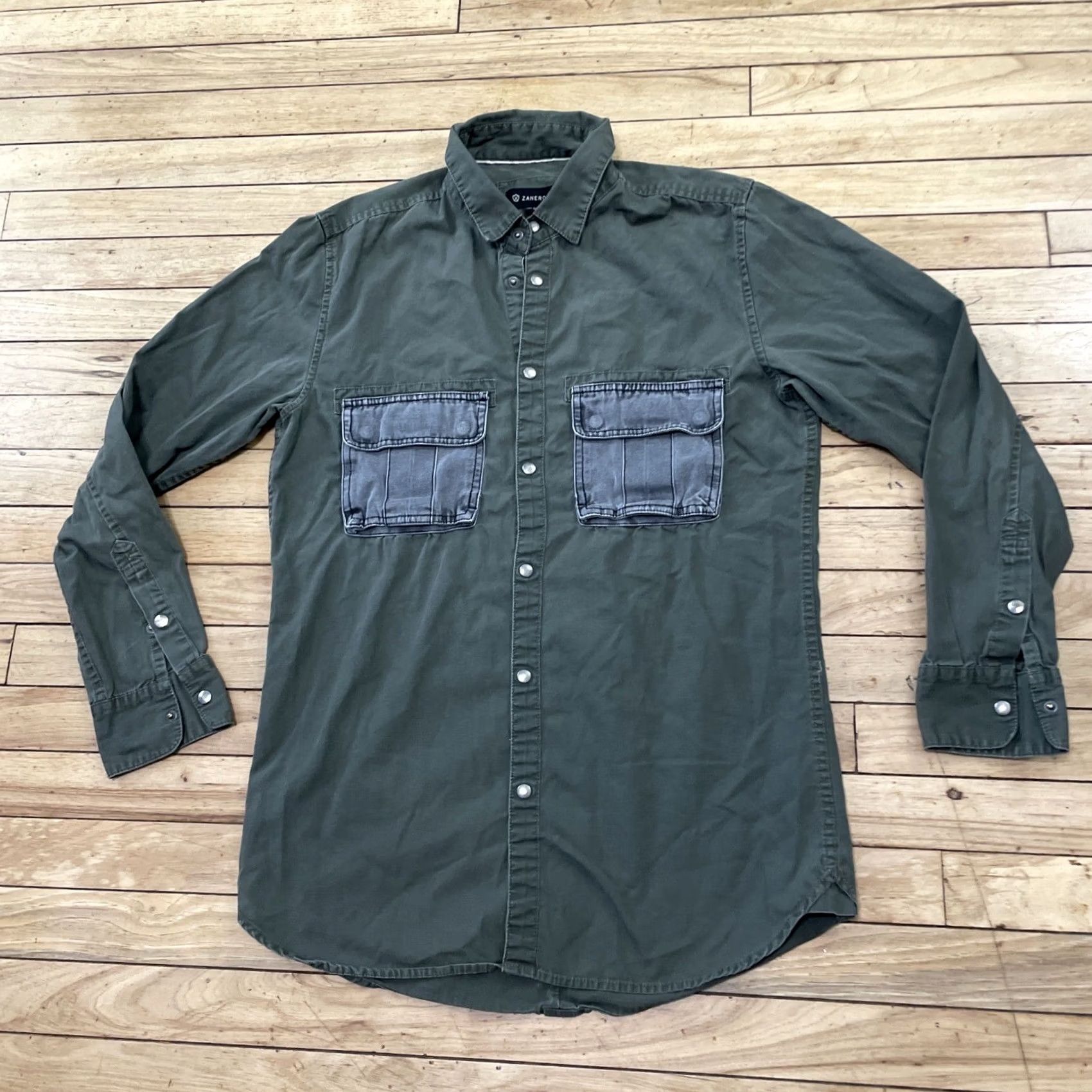 Zanerobe ZANEROBE Button-Up Shirt Men M Green Gray with Pockets, Metal Snap Button, Workwear Outfits Outdoors Size US M / EU 48-50 / 2 - 3 Thumbnail