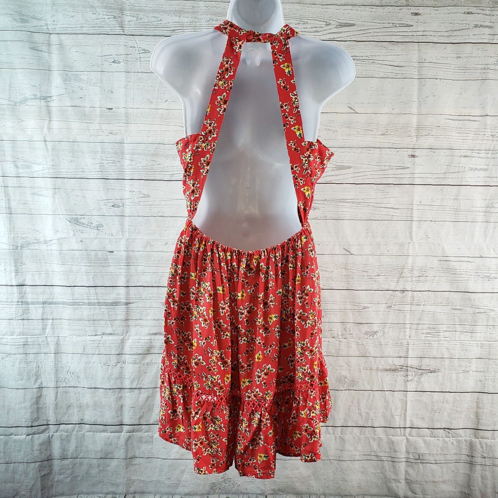 Vintage VINTAGE Sunday Mi Amor Womens Halter Dress Sz Medium Red Yellow Floral Open Back Dress Size M / US 6-8 / IT 42-44 - 4 Thumbnail