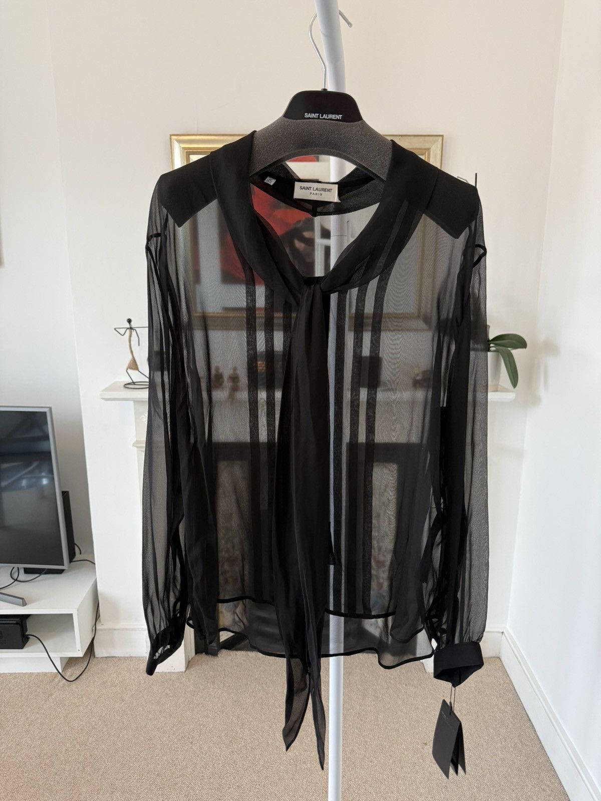 Saint Laurent Paris FW23 Saint Laurent Lavalliere-Neck Shirt in Silk Muslin Size US XS / EU 42 / 0 - 2 Thumbnail