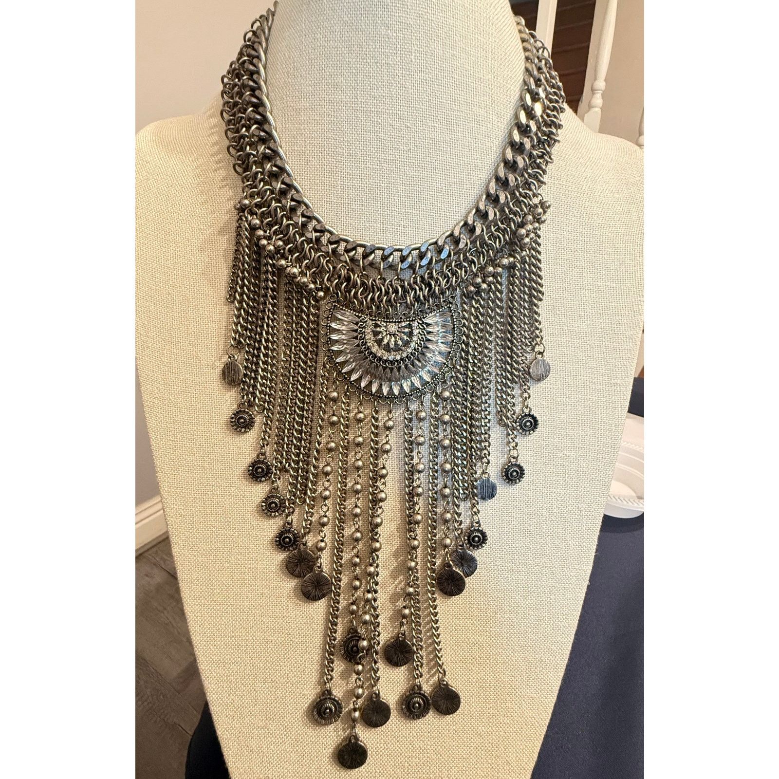 Other Vintage Runway Statement Necklace Silver Tone Fringe 17” Size ONE SIZE - 1 Thumbnail