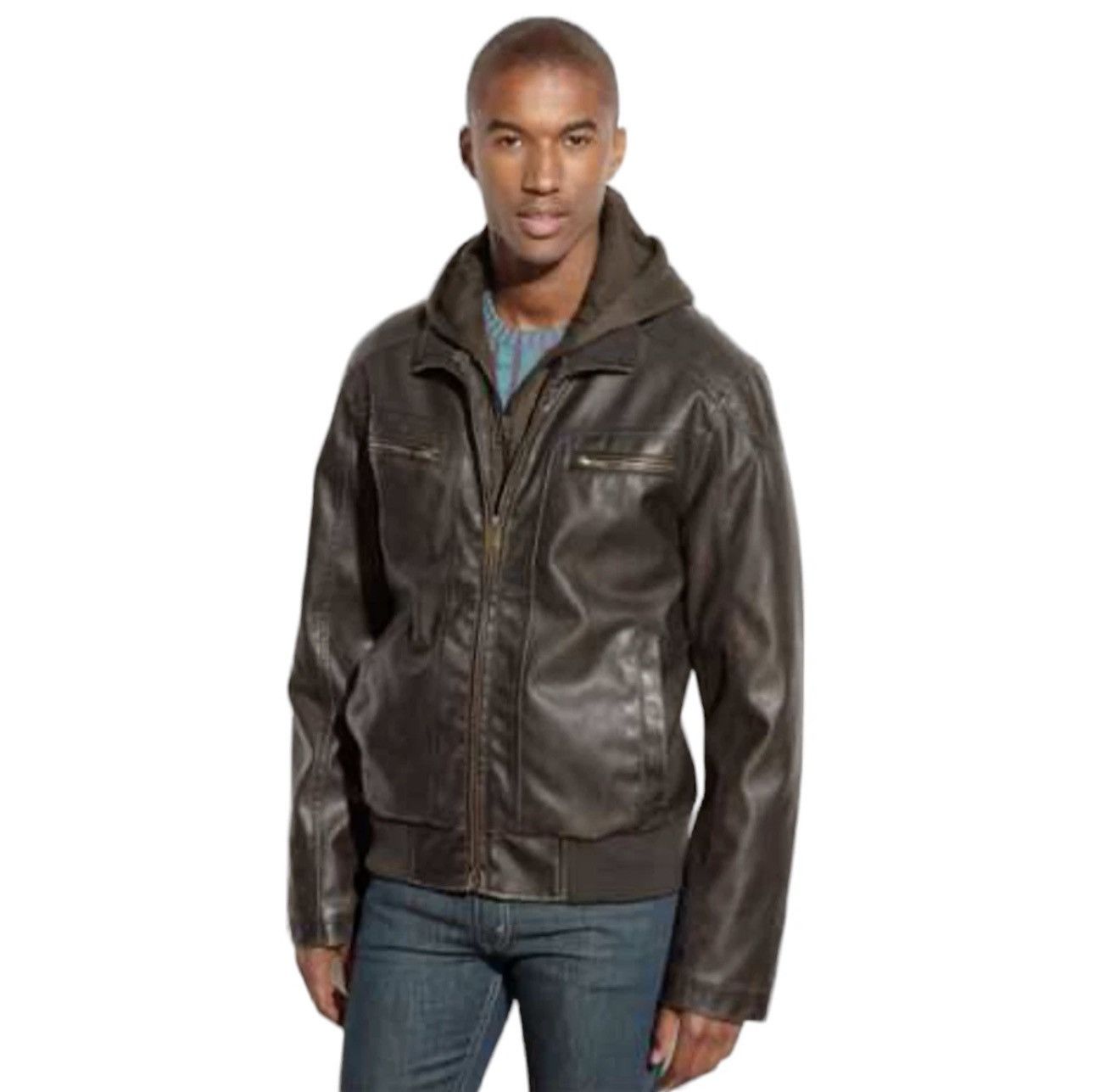 Sean John Sean John Vegan Leather Hooded Bomber Jacket Full Zip Size US XL / EU 56 / 4 - 1 Thumbnail