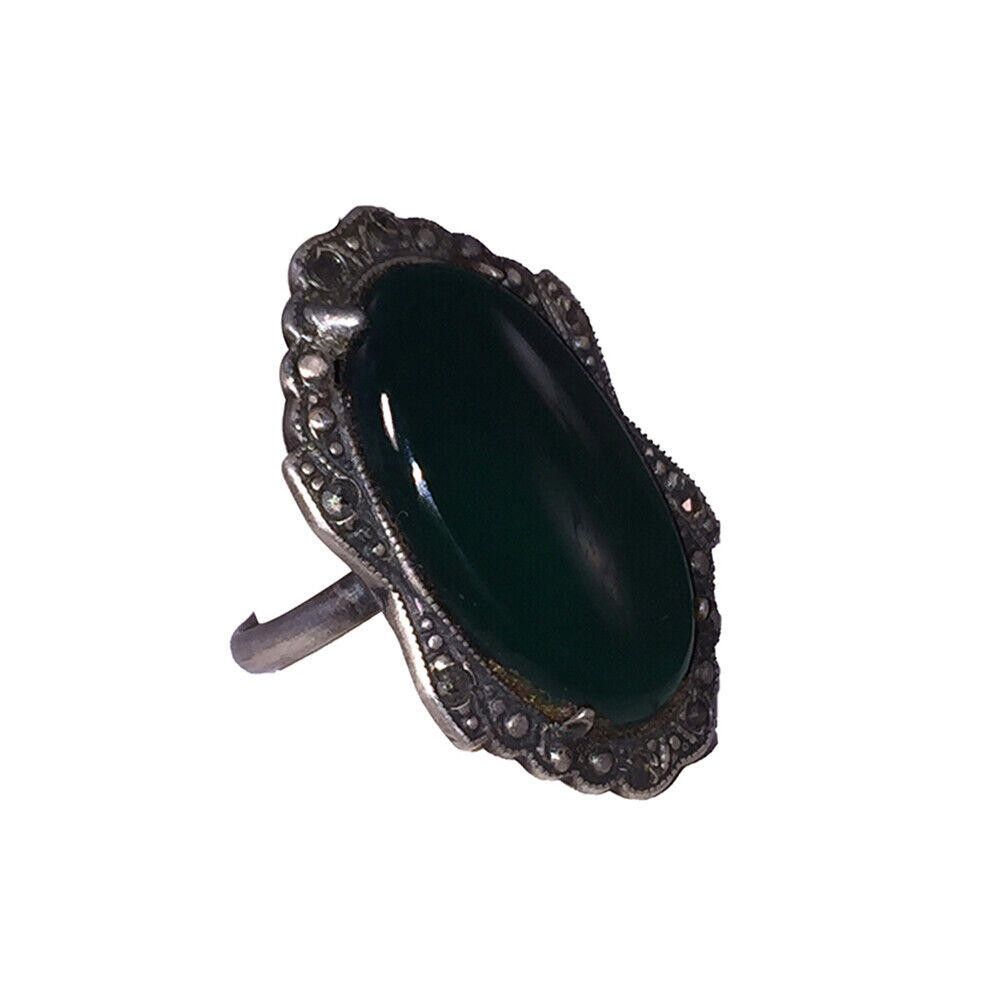 Designer Art Deco Sterling Oblong Green Chrysoprase & Marcasite Ring Size ONE SIZE - 2 Thumbnail
