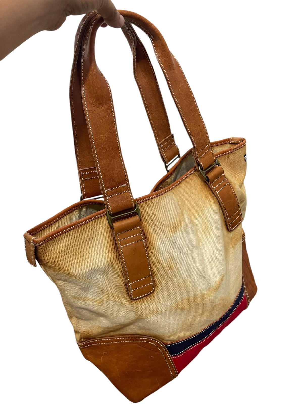 Genuine Leather Leather Cotton Canvas Vtg Tommy Hilfiger Tote Bag 4🟩 Size ONE SIZE - 3 Thumbnail
