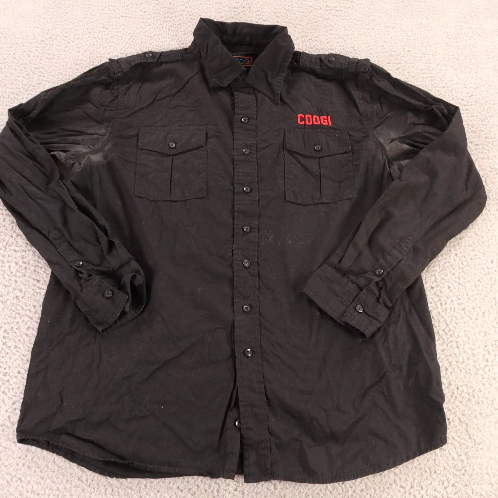 COOGI Shirt Mens Extra Large Black 100% Cotton Button Up Long Sleeve Felt Logo Mens