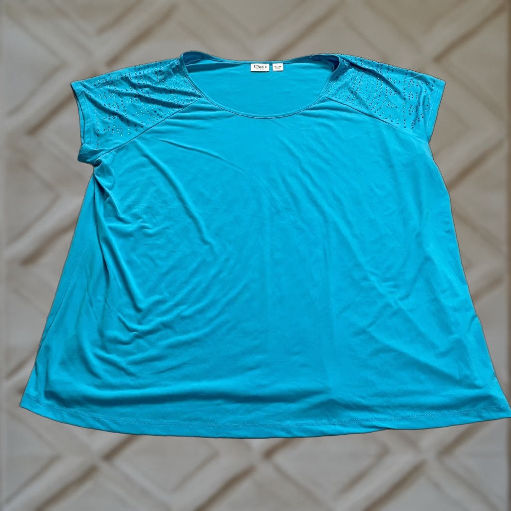 Vintage Cato Blouse TUNIC Women Raglan Short Sleeve Round Neck Blue Rhinestones Plus Size 26/28 Vintage No Size 4XL / US 24-26 - 1 Thumbnail