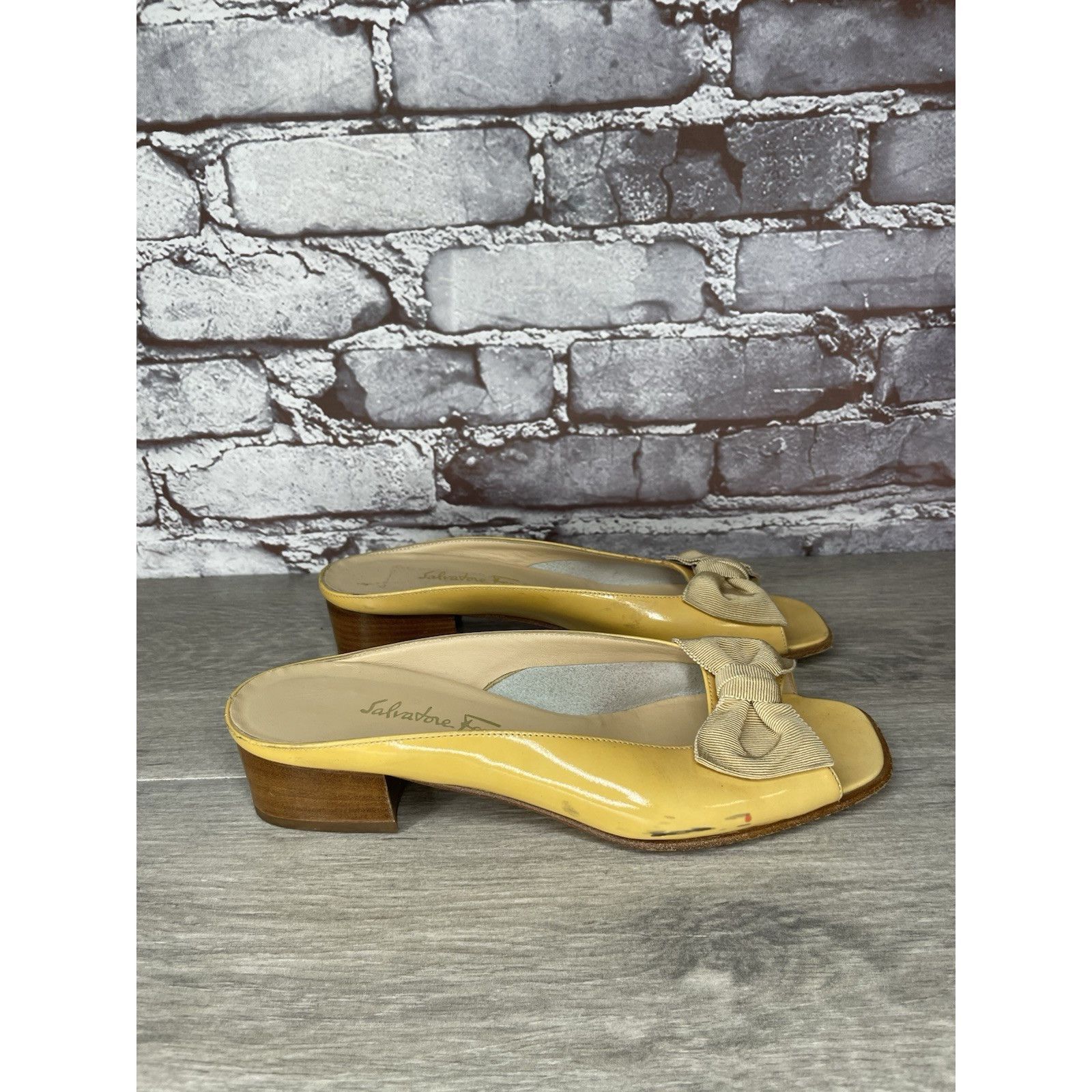 Salvatore Ferragamo Salvatore Ferragamo Yellow Patent Leather Slip On Heel Shoes Size US 7.5 / IT 37.5 - 2 Thumbnail