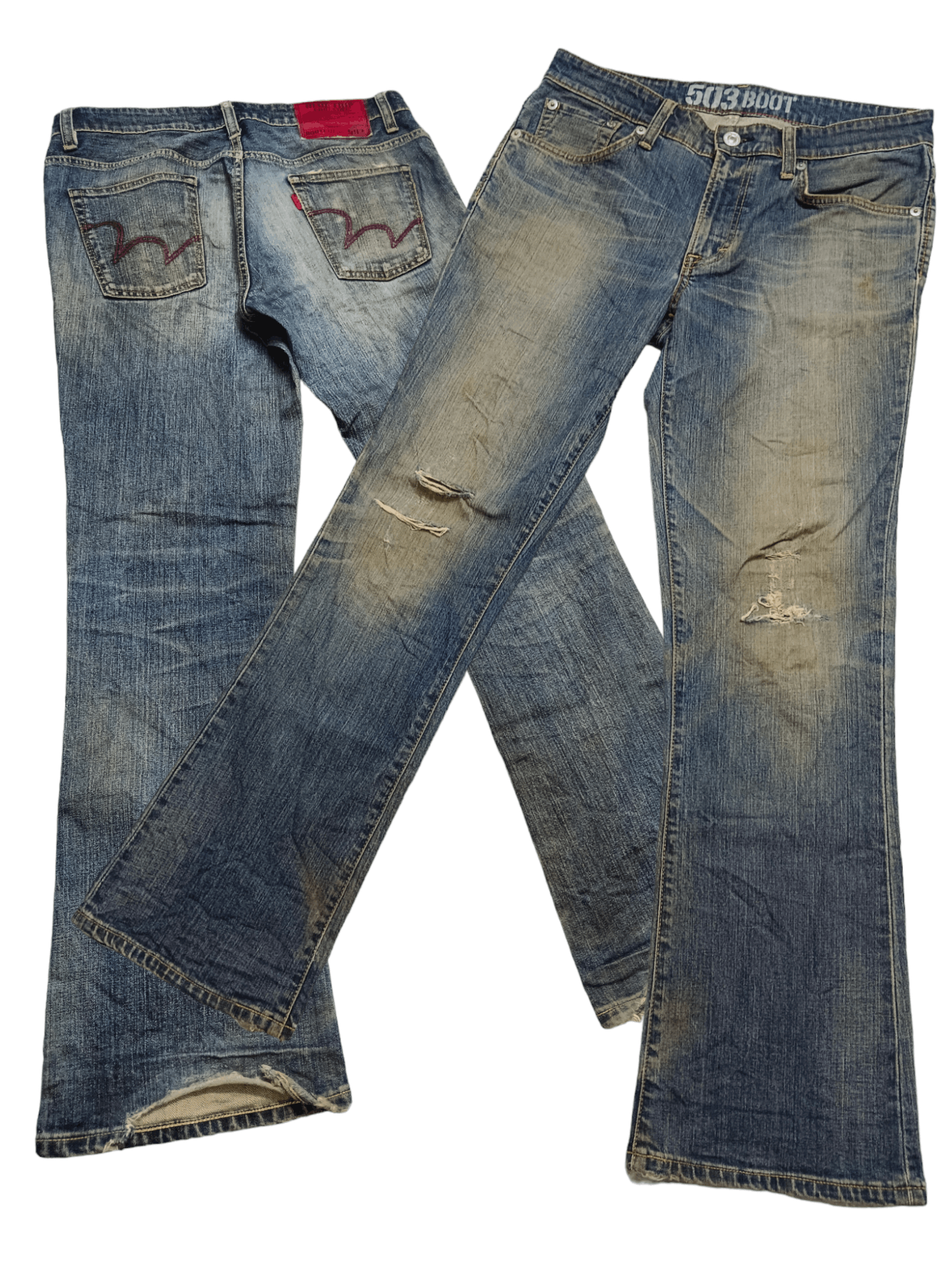 image of Distressed Denim x Edwin Distressed Bootcut Denim in Blue Denim, Men's (Size 33)